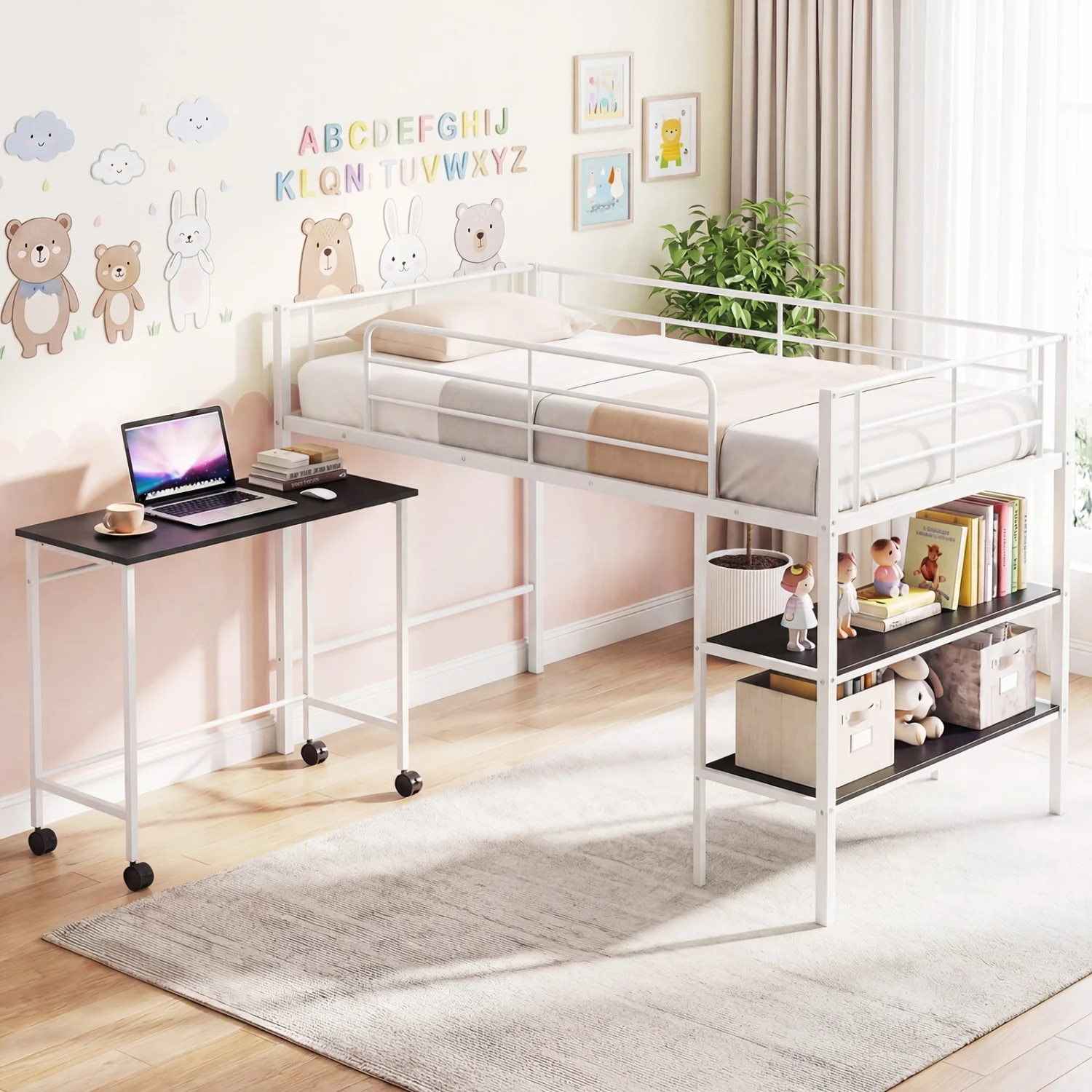 Twin Loft Bed with Rolling Desk, Bookshelf, White - Image 3