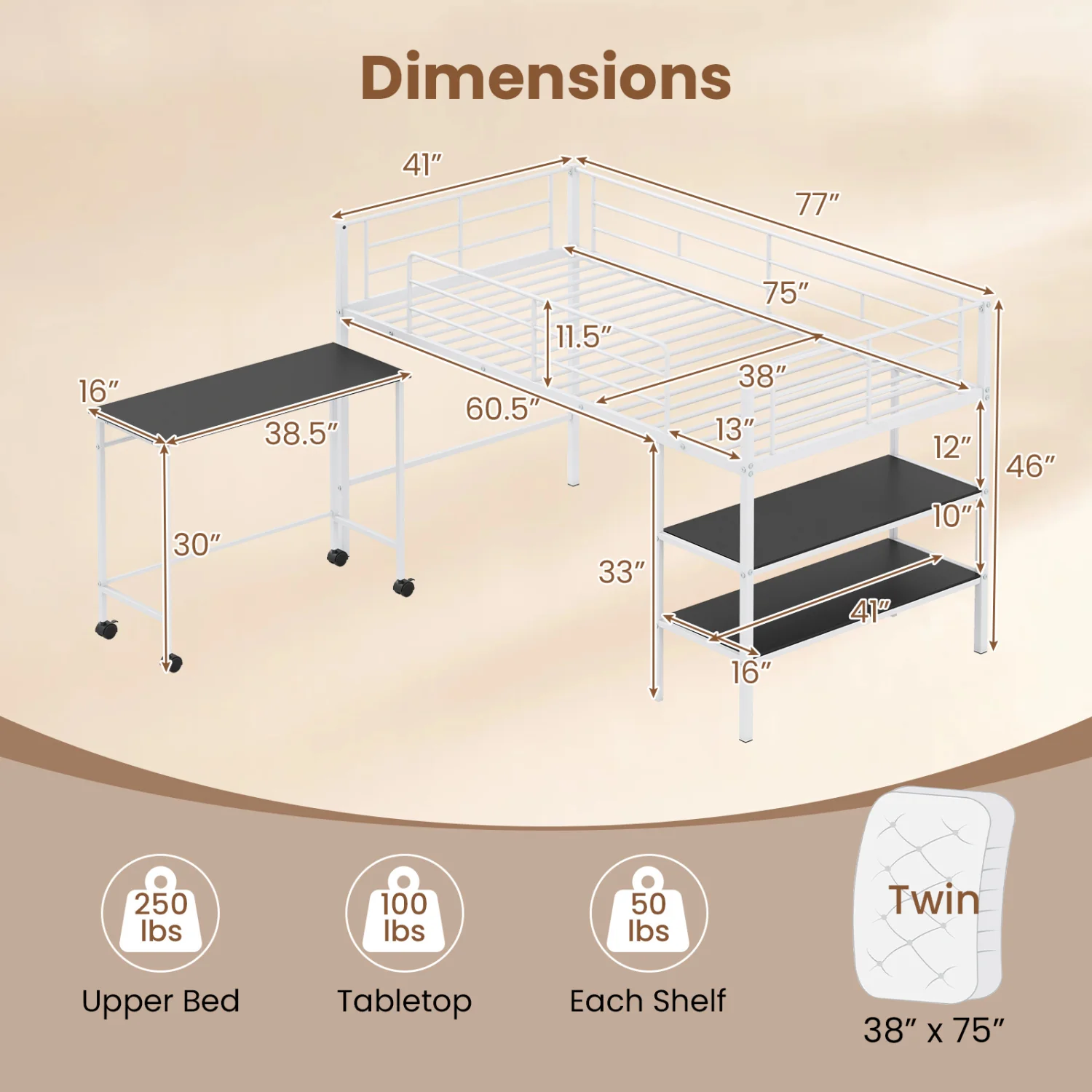 Twin Loft Bed with Rolling Desk, Bookshelf, White - Image 5