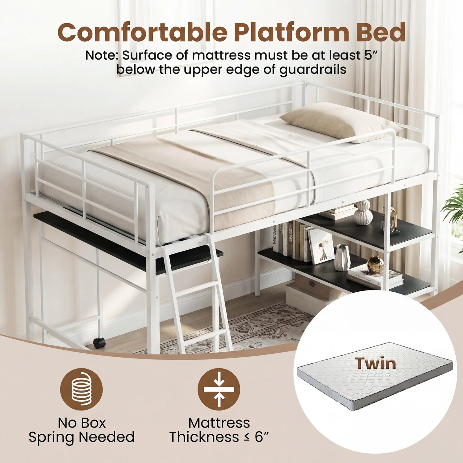 Twin Loft Bed with Rolling Desk, Bookshelf, White - Image 7