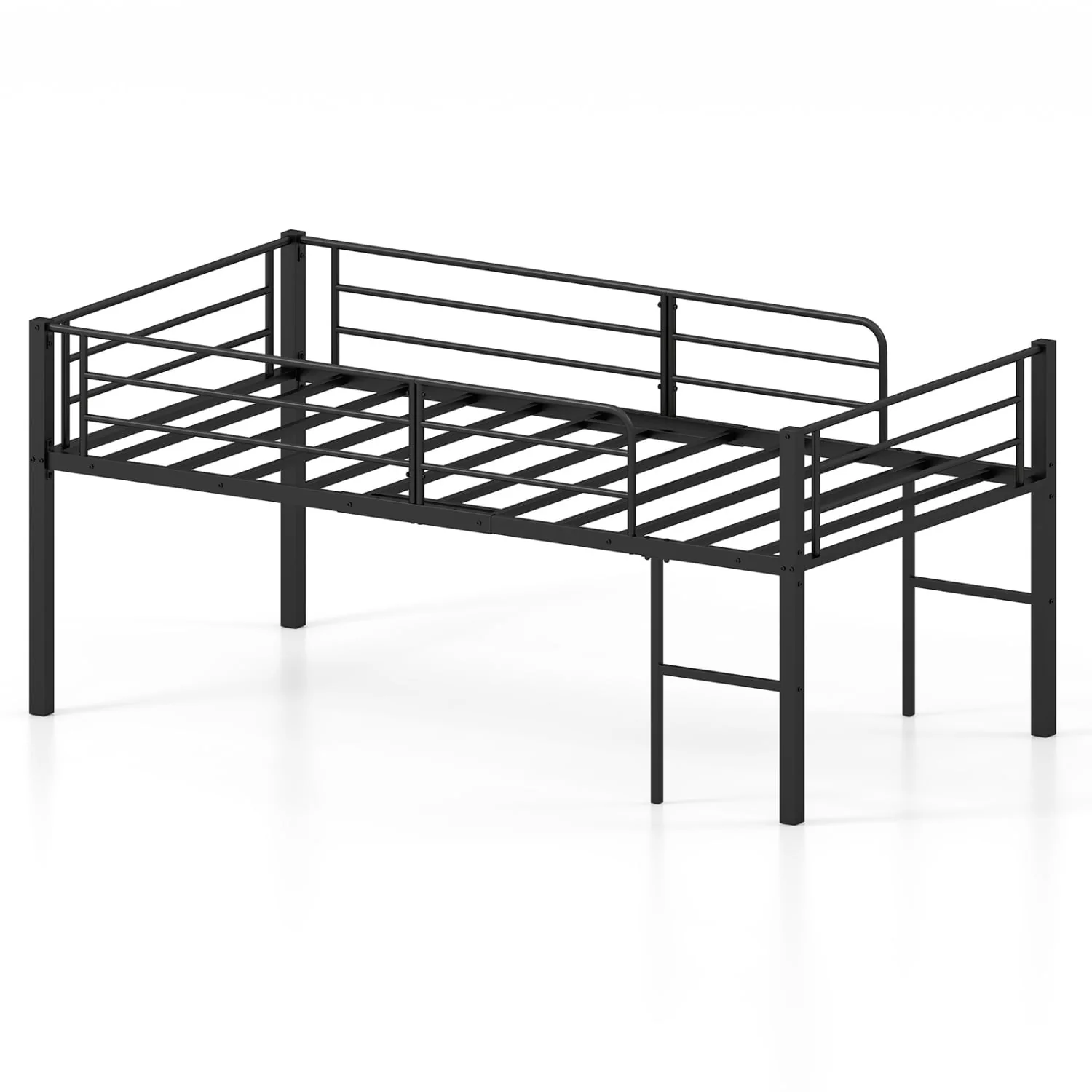 Twin Low Loft Bed with Guardrails & 2 Ladders, Black