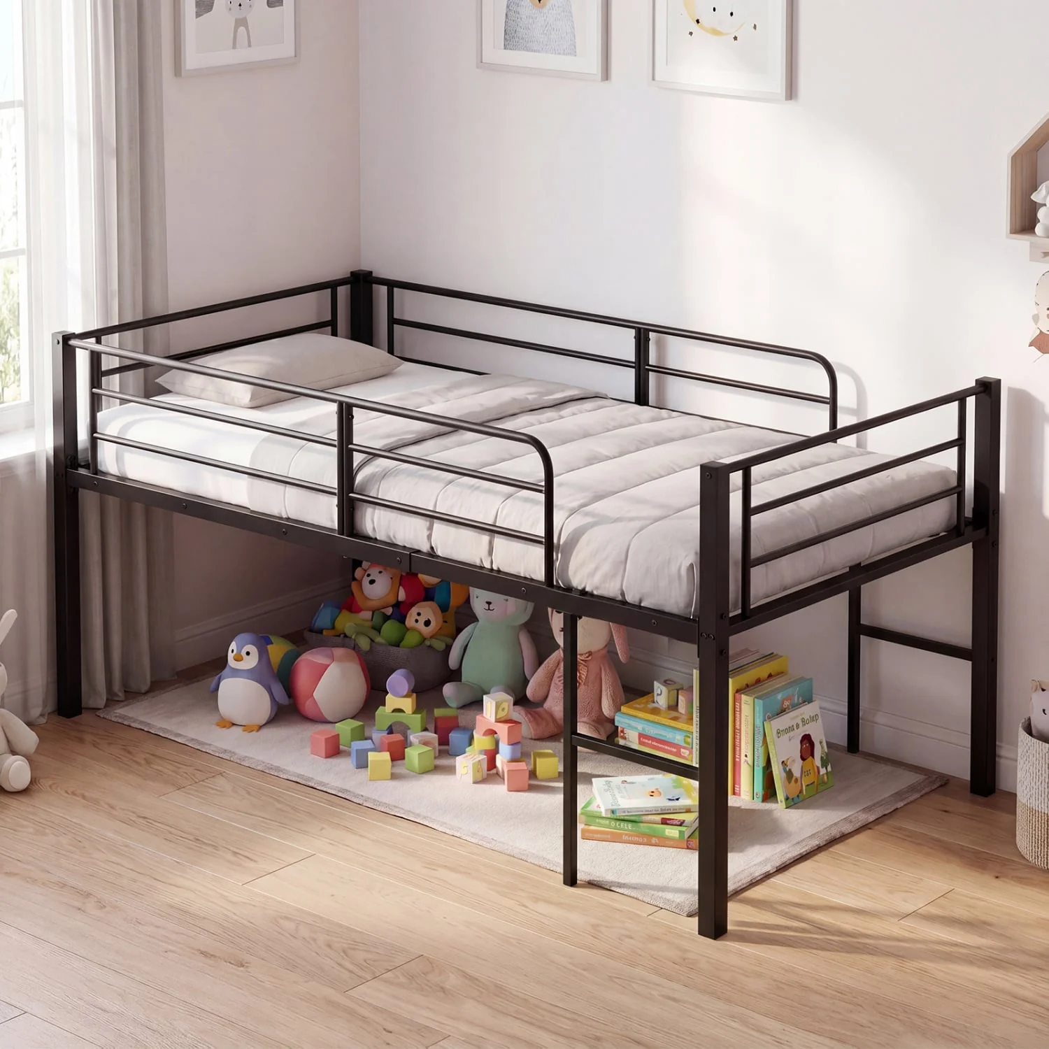 Twin Low Loft Bed with Guardrails & 2 Ladders, Black - Image 2
