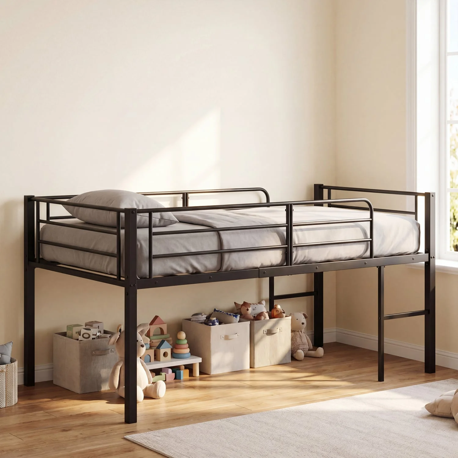 Twin Low Loft Bed with Guardrails & 2 Ladders, Black - Image 5