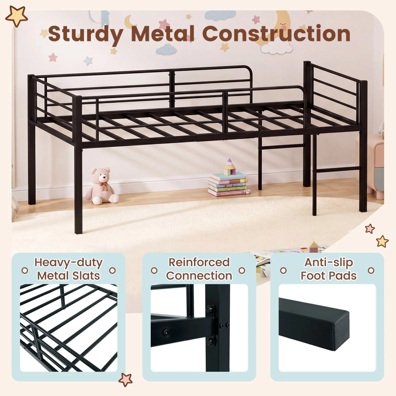 Twin Low Loft Bed with Guardrails & 2 Ladders, Black - Image 6