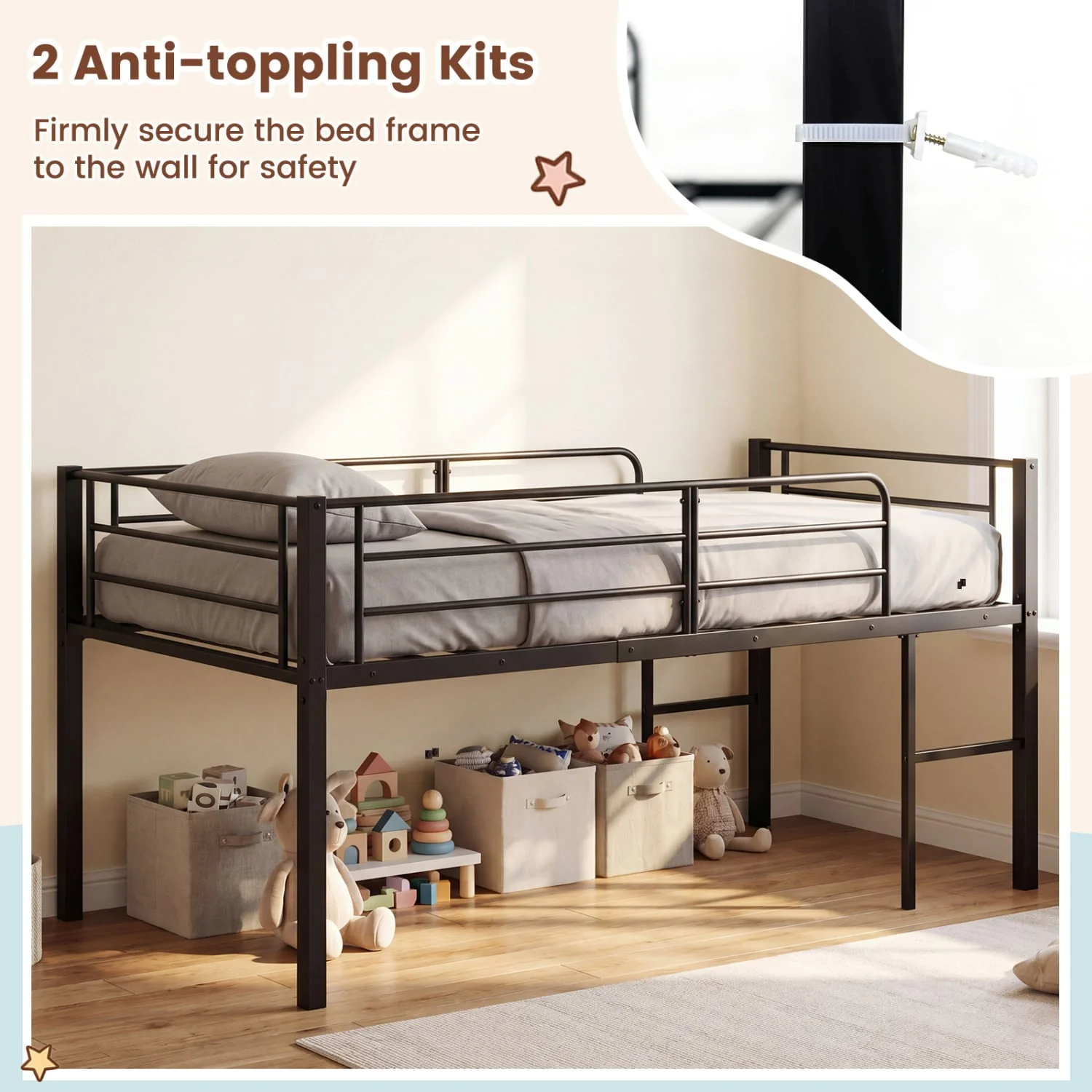 Twin Low Loft Bed with Guardrails & 2 Ladders, Black - Image 8