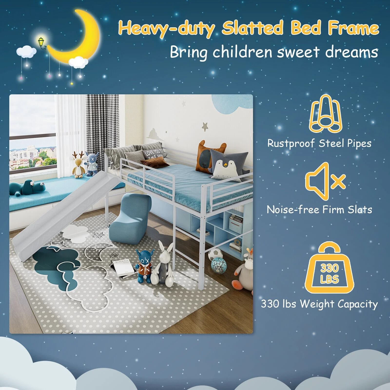 Twin Metal Loft Bed With Slide, Safety Guardrails, Built-in Ladder, Silver - Image 10
