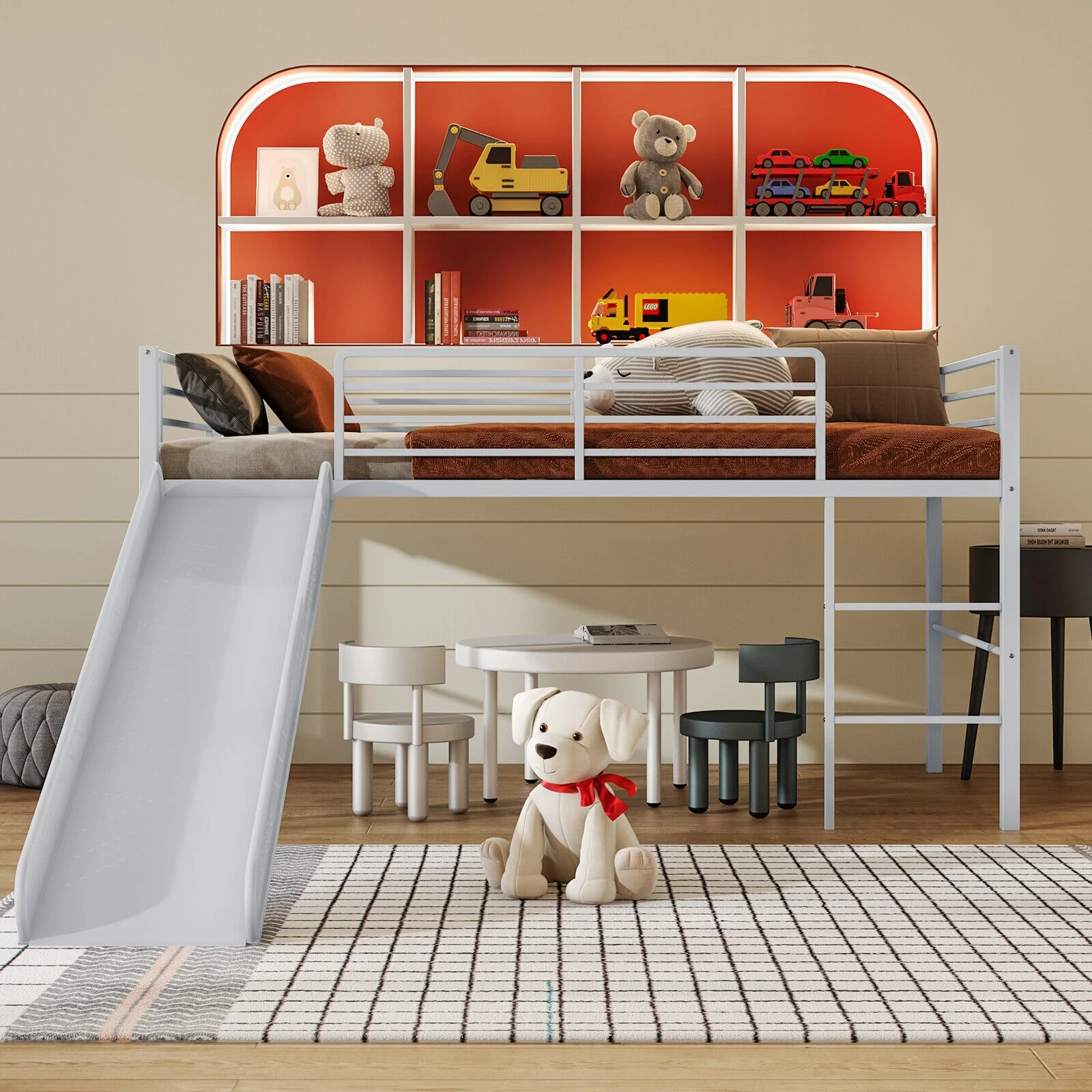 Twin Metal Loft Bed With Slide, Safety Guardrails, Built-in Ladder, Silver - Image 2