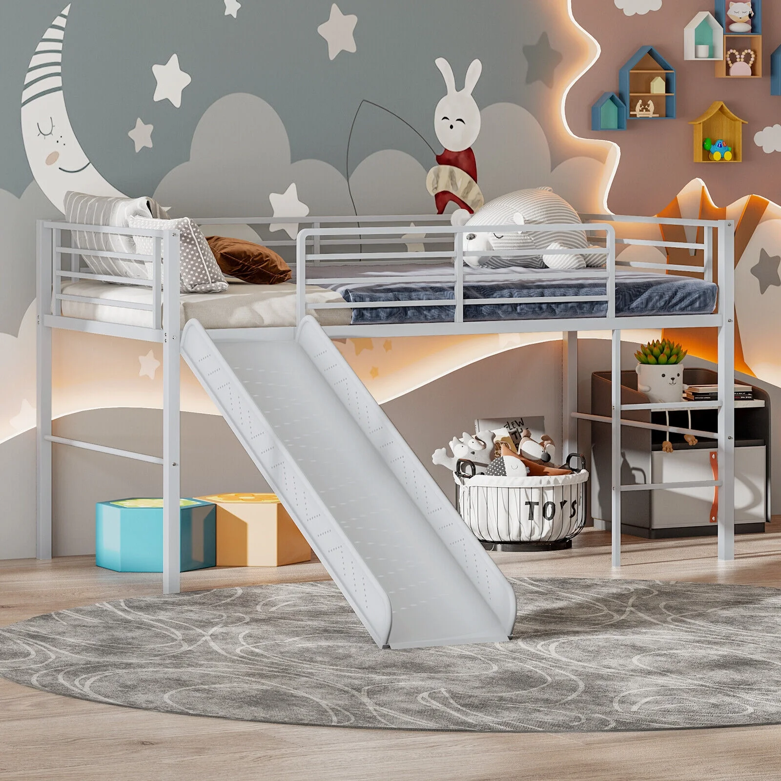 Twin Metal Loft Bed With Slide, Safety Guardrails, Built-in Ladder, Silver - Image 3