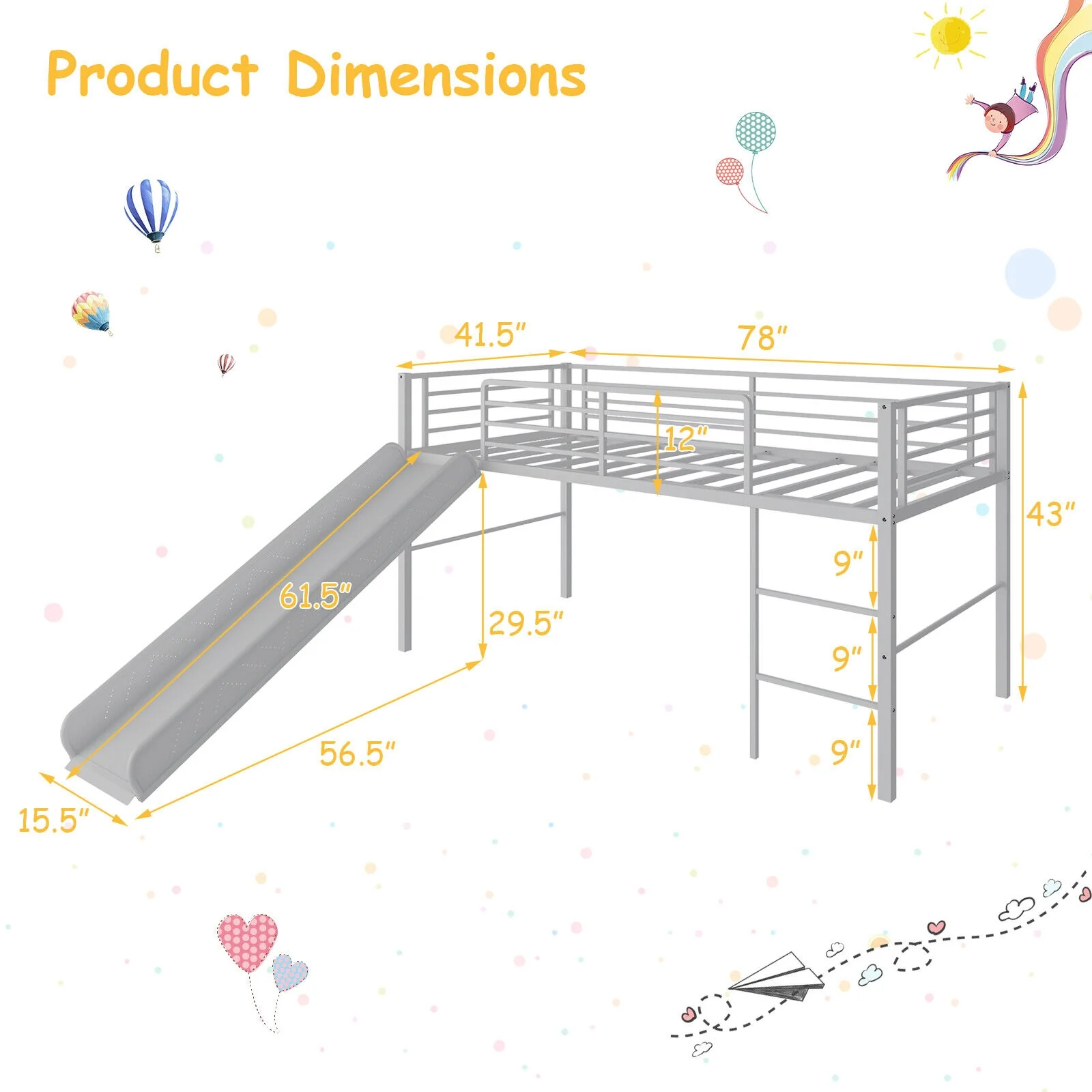 Twin Metal Loft Bed With Slide, Safety Guardrails, Built-in Ladder, Silver - Image 6