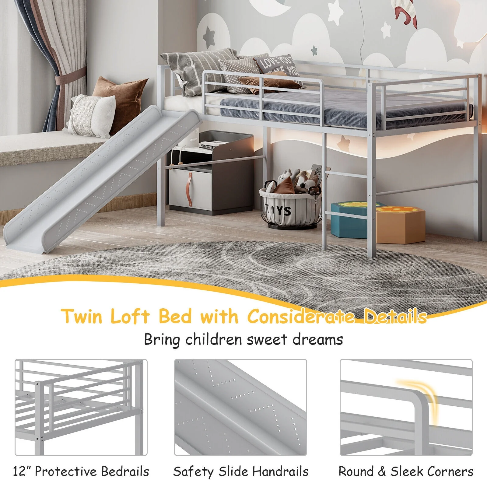 Twin Metal Loft Bed With Slide, Safety Guardrails, Built-in Ladder, Silver - Image 7