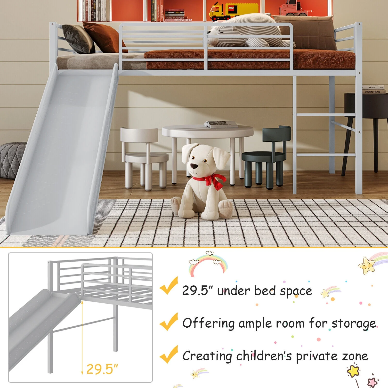 Twin Metal Loft Bed With Slide, Safety Guardrails, Built-in Ladder, Silver - Image 8