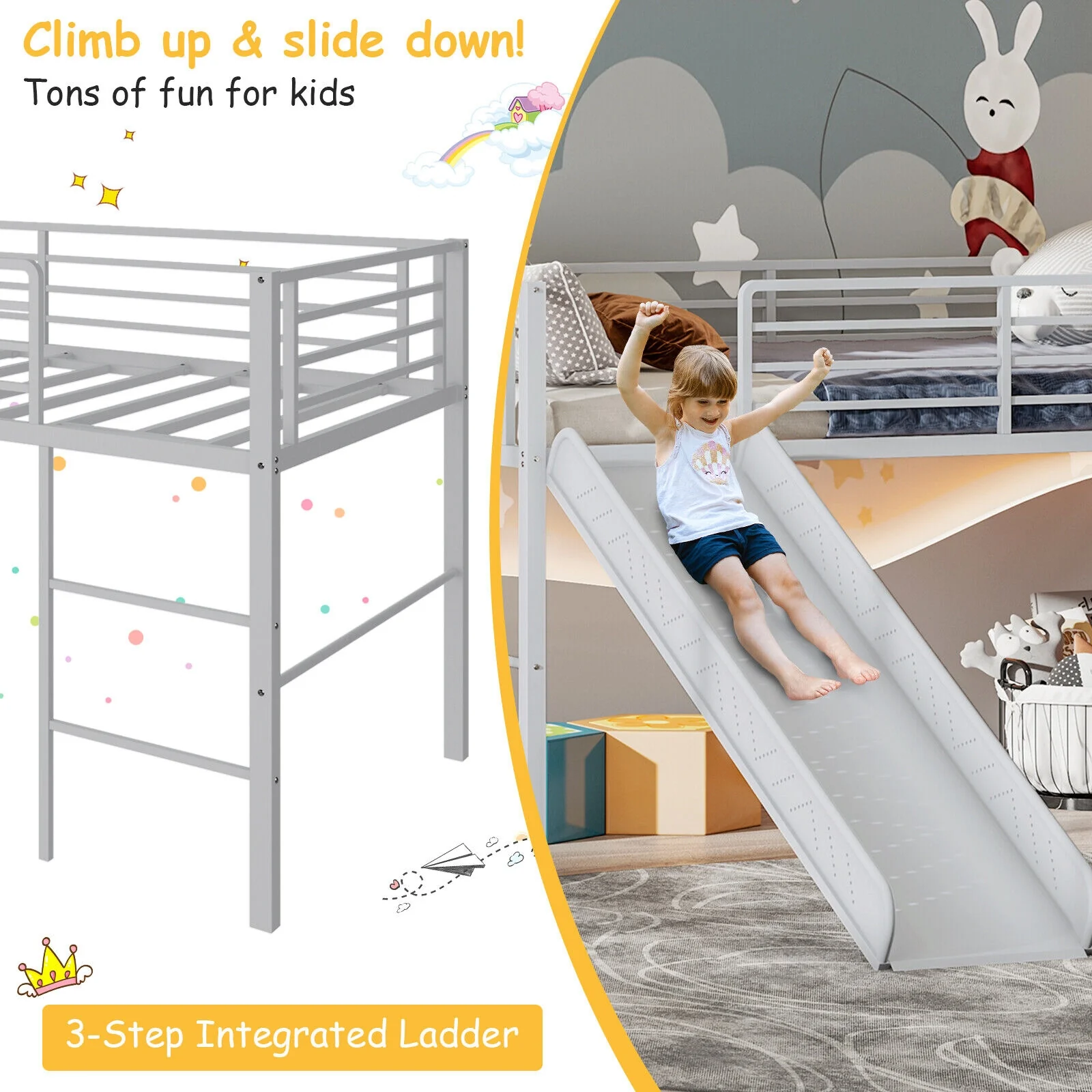 Twin Metal Loft Bed With Slide, Safety Guardrails, Built-in Ladder, Silver - Image 9