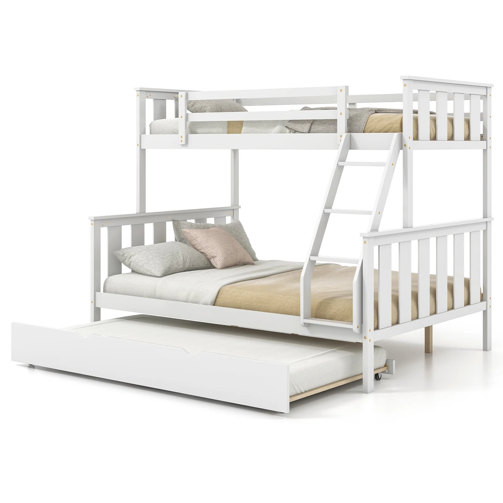 Twin Over Full Bunk Bed With Trundle, Ladder, White