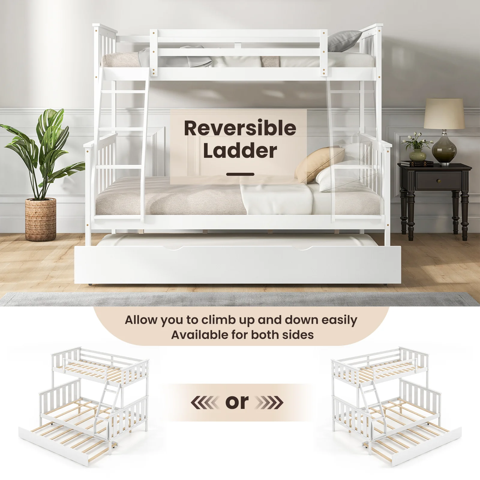 Twin Over Full Bunk Bed With Trundle, Ladder, White - Image 10