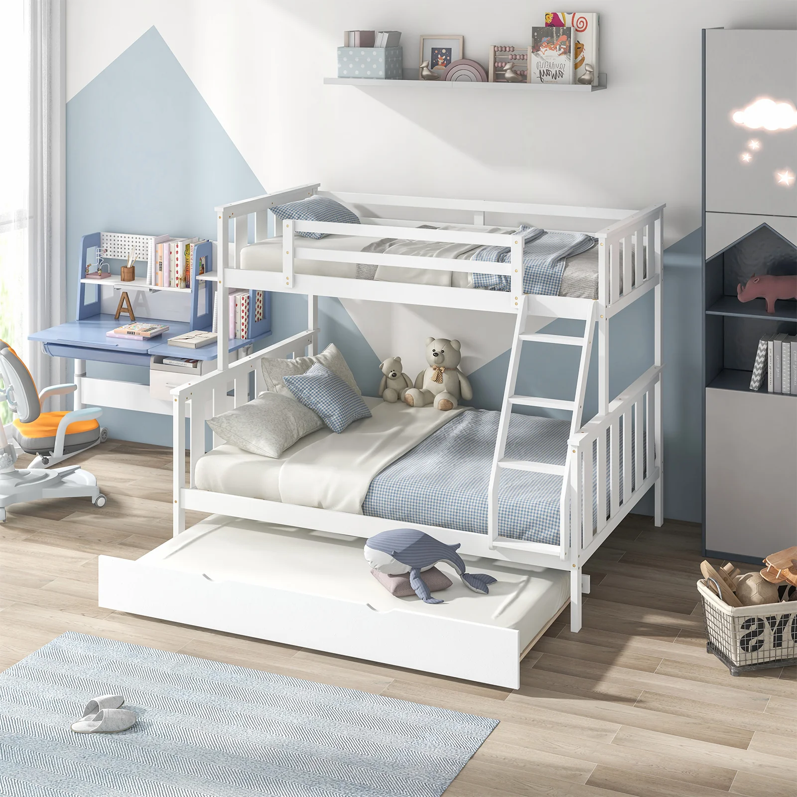Twin Over Full Bunk Bed With Trundle, Ladder, White - Image 2