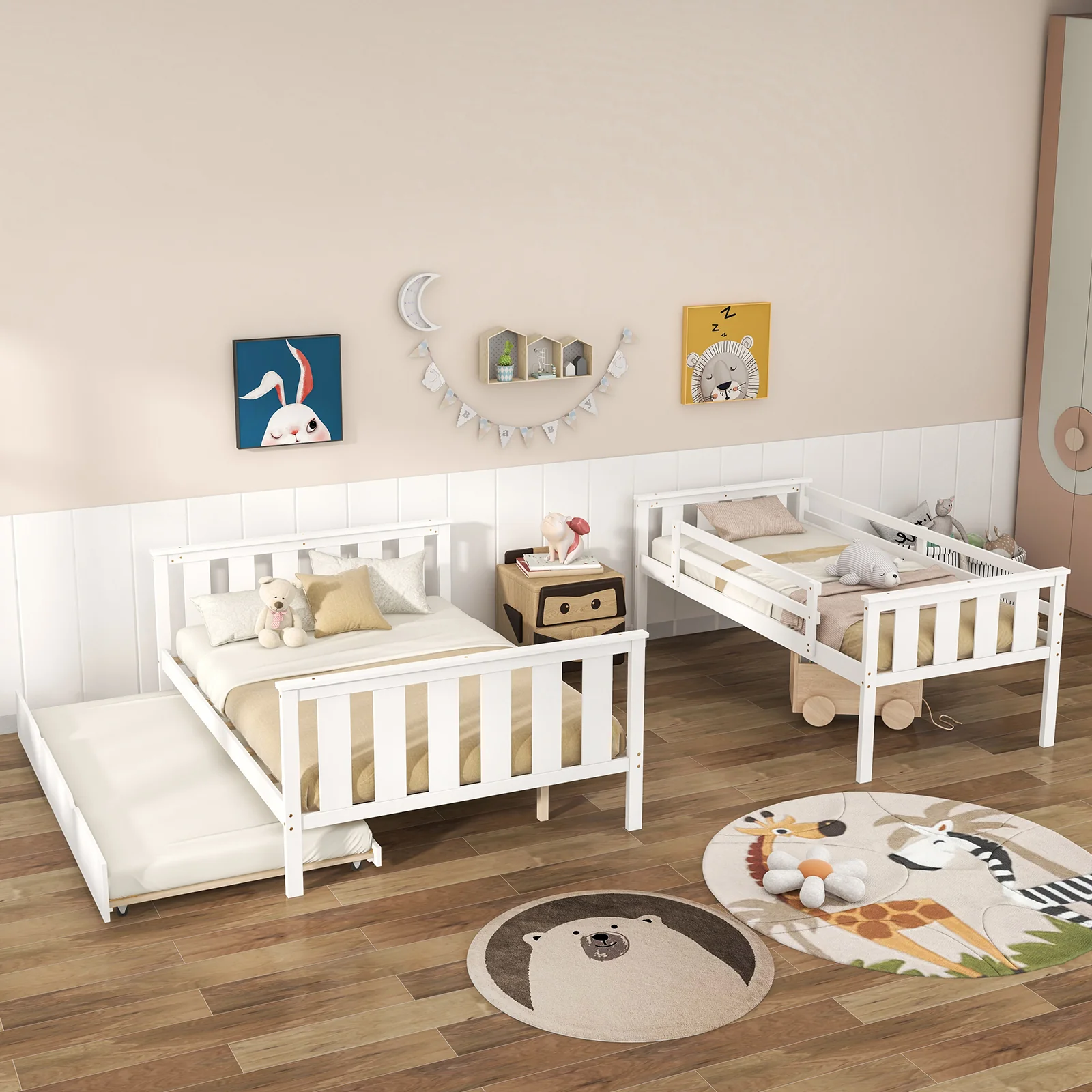 Twin Over Full Bunk Bed With Trundle, Ladder, White - Image 3