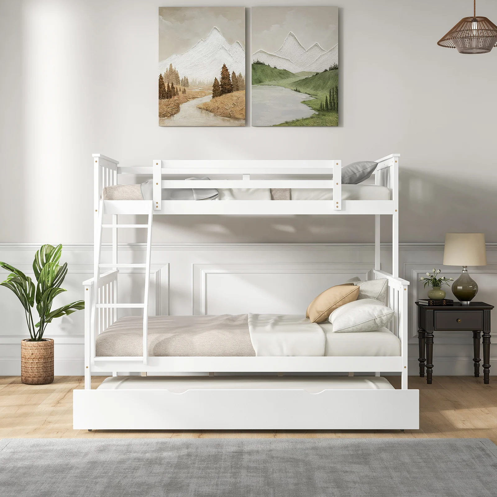 Twin Over Full Bunk Bed With Trundle, Ladder, White - Image 7