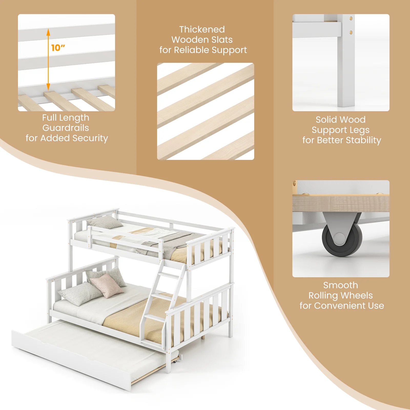 Twin Over Full Bunk Bed With Trundle, Ladder, White - Image 8