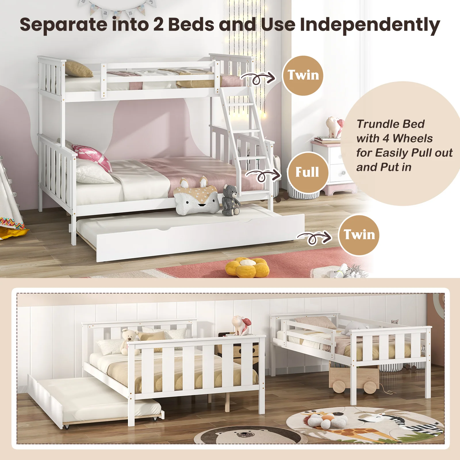 Twin Over Full Bunk Bed With Trundle, Ladder, White - Image 9