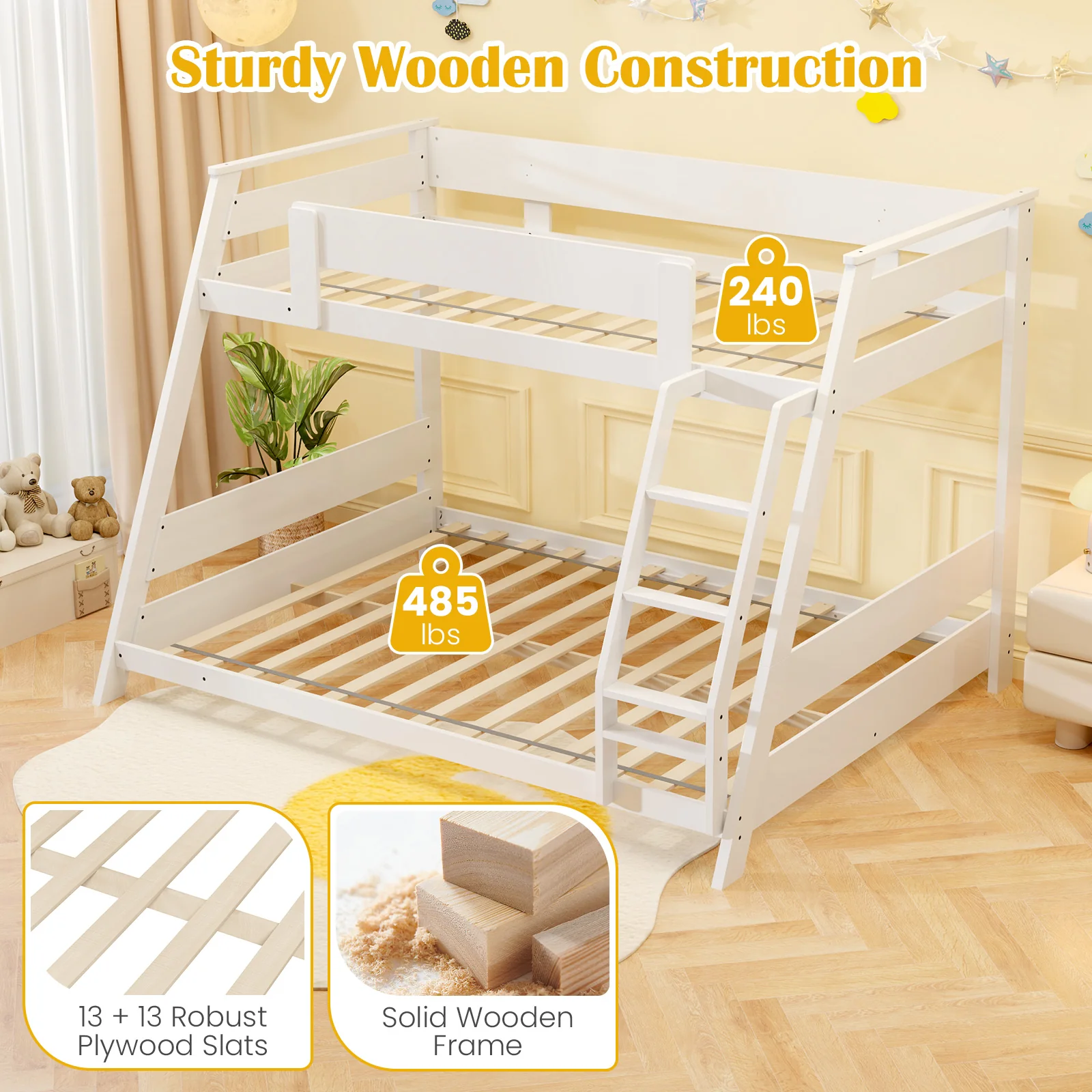 Twin Over Full Low Bunk Bed, Reversible Ladder, White - Image 8