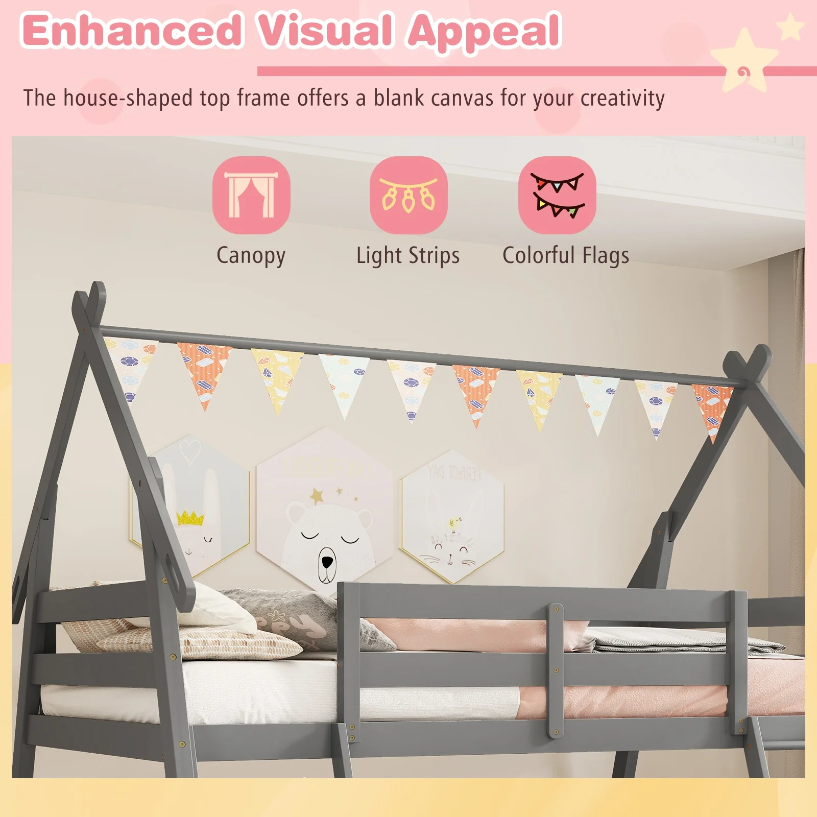 Twin Over Queen Bunk Bed, Wooden Kids Bed, Gray - Image 10
