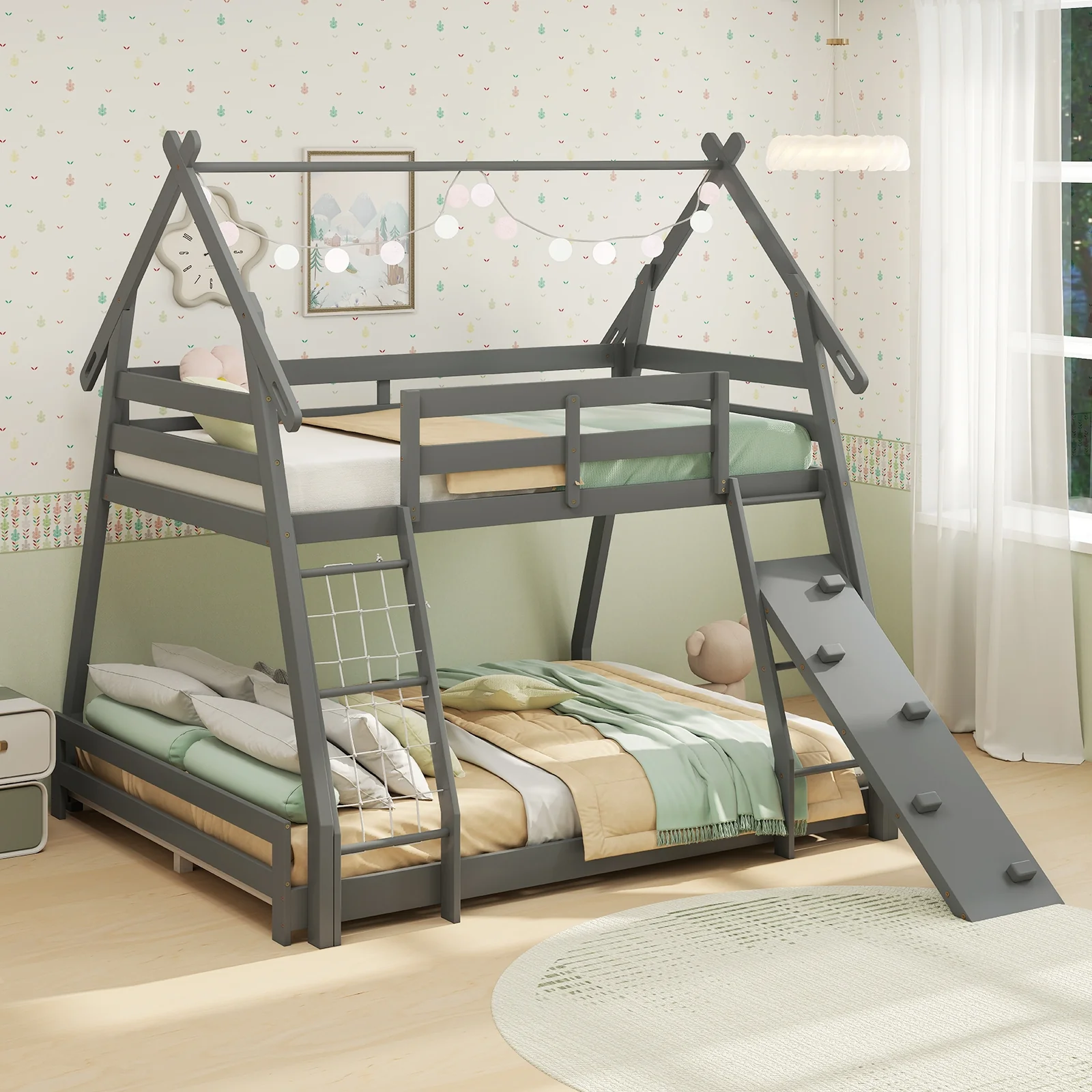 Twin Over Queen Bunk Bed, Wooden Kids Bed, Gray - Image 3