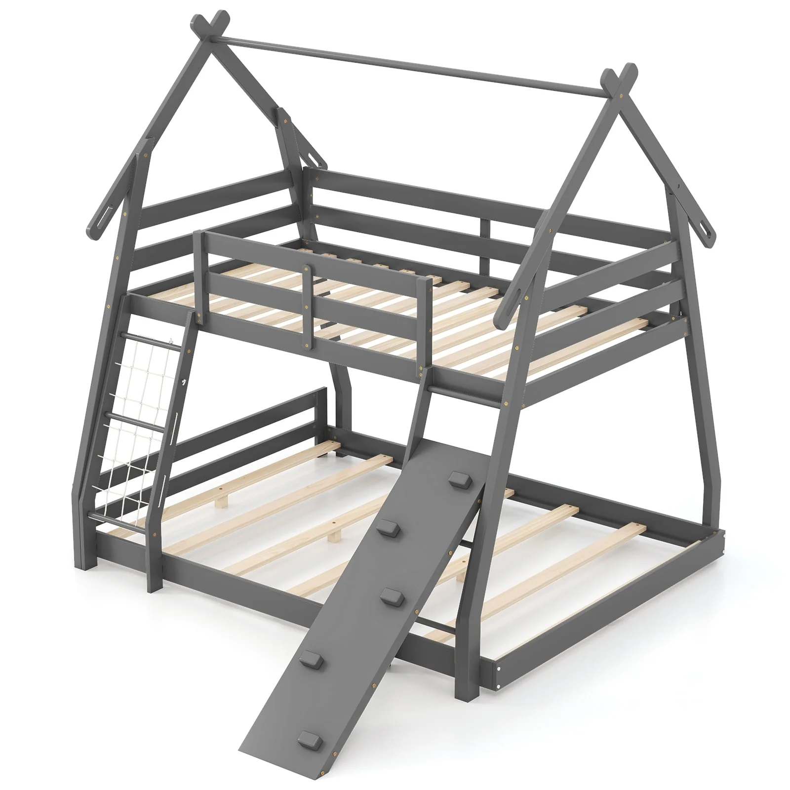 Twin Over Queen Bunk Bed, Wooden Kids Bed, Gray - Image 4