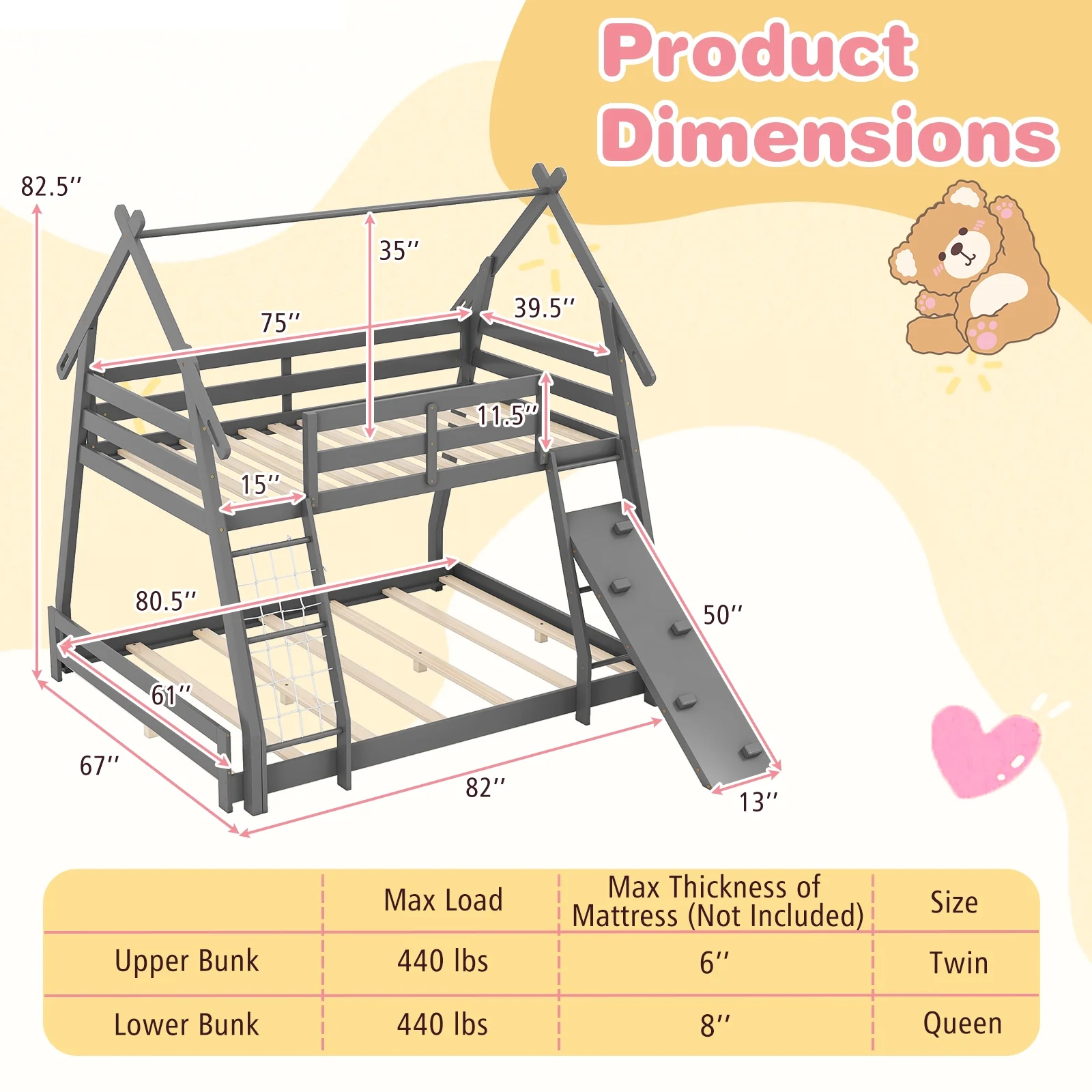 Twin Over Queen Bunk Bed, Wooden Kids Bed, Gray - Image 5