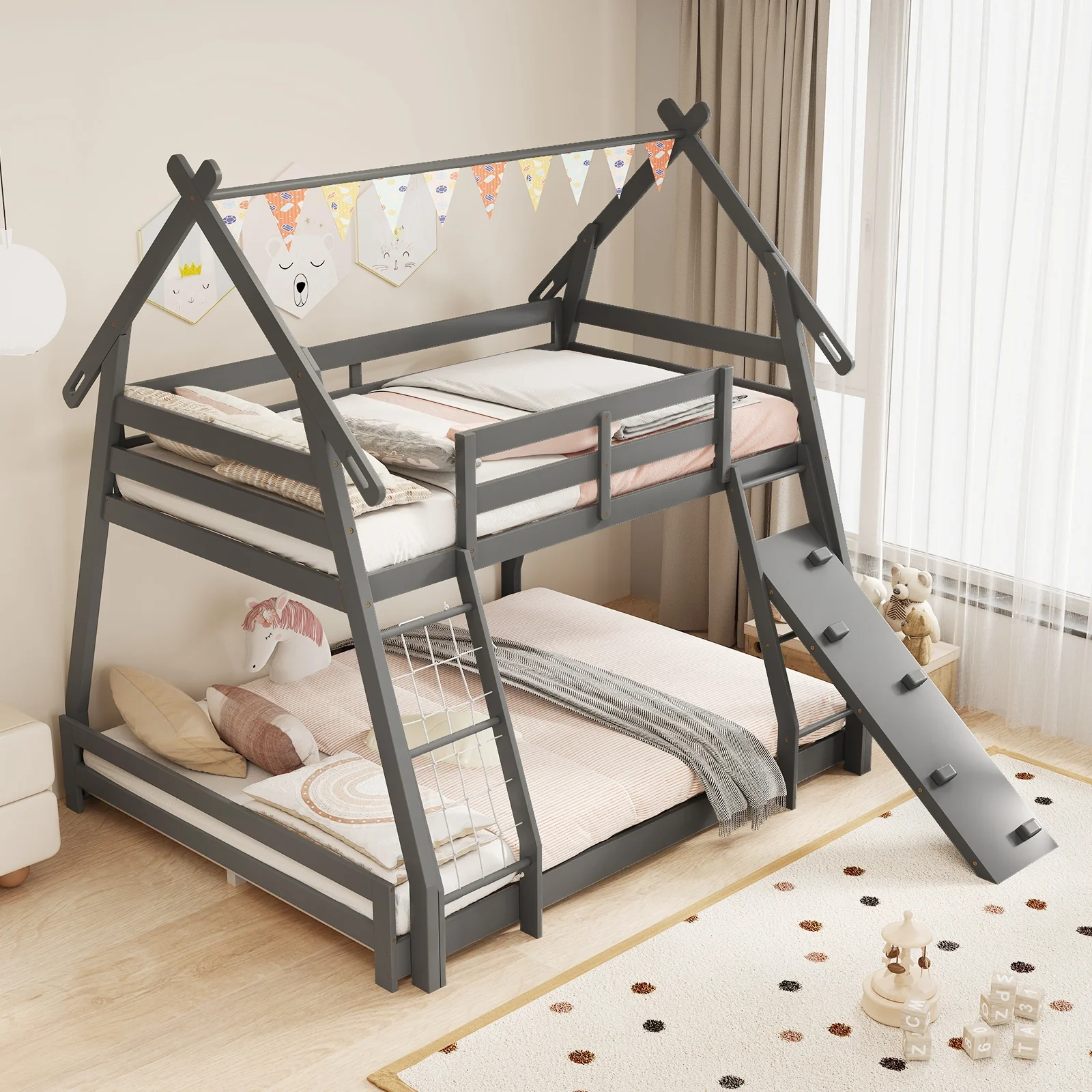 Twin Over Queen Bunk Bed, Wooden Kids Bed, Gray - Image 6