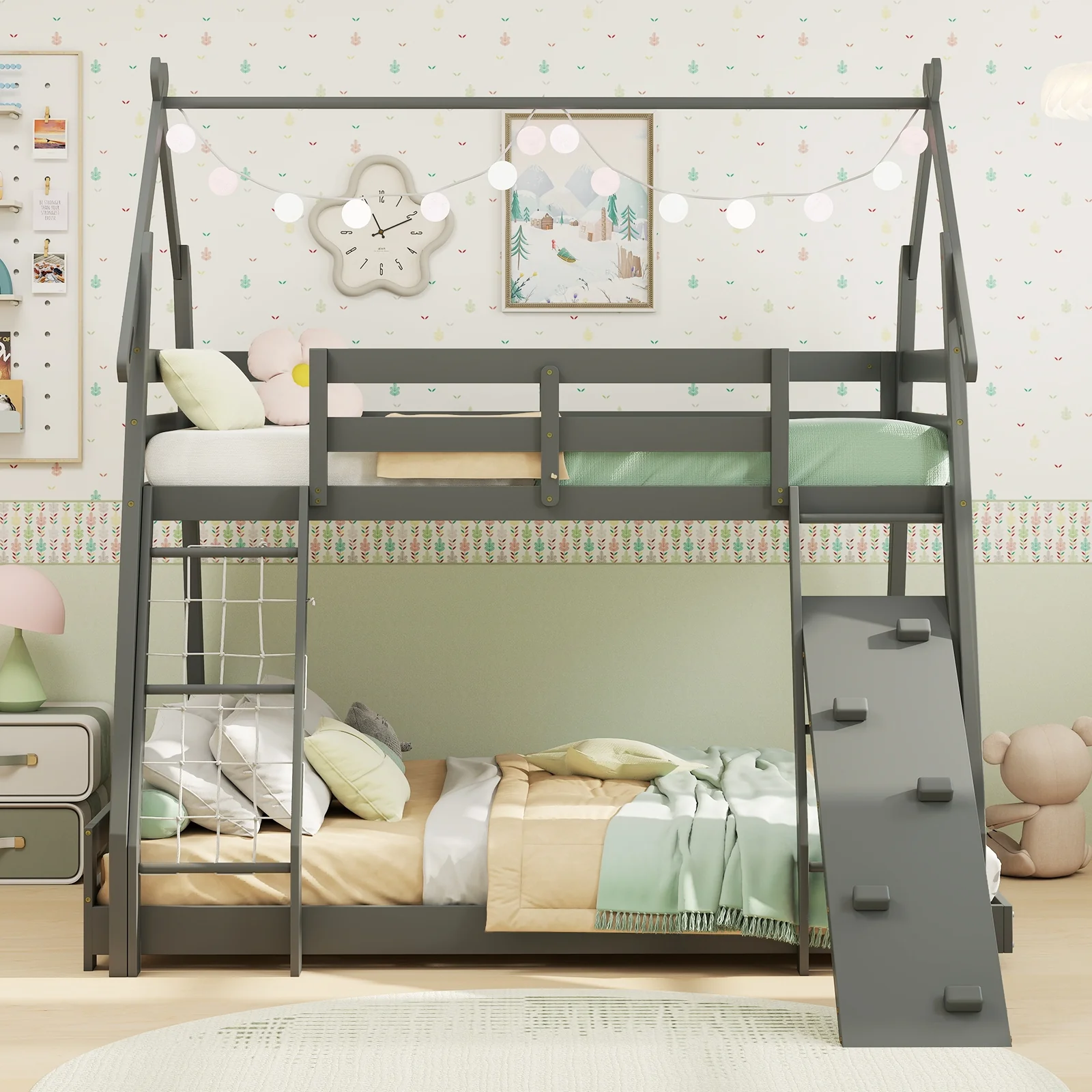 Twin Over Queen Bunk Bed, Wooden Kids Bed, Gray - Image 7