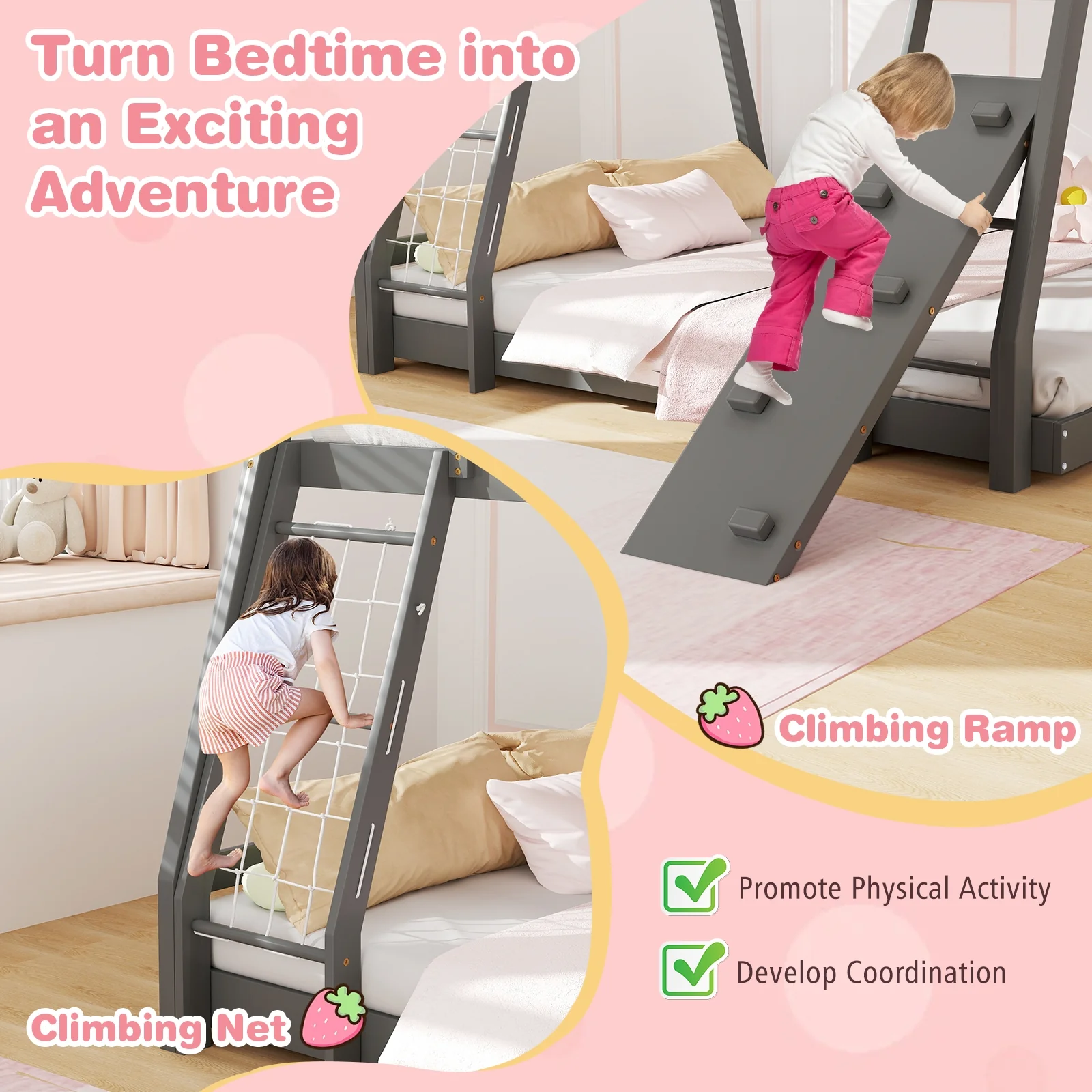 Twin Over Queen Bunk Bed, Wooden Kids Bed, Gray - Image 8