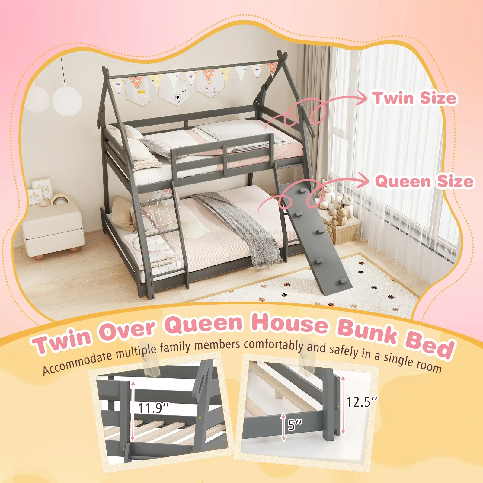 Twin Over Queen Bunk Bed, Wooden Kids Bed, Gray - Image 9