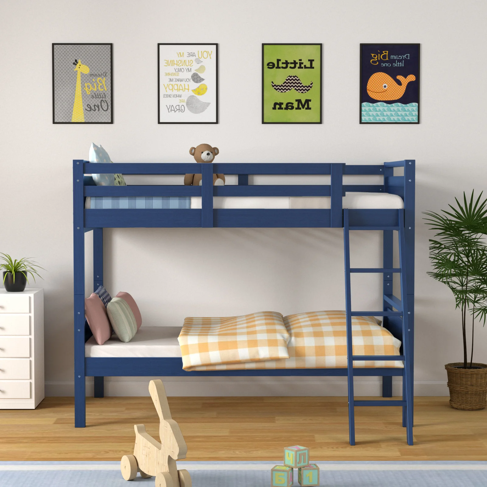 Twin Over Twin Bunk Bed, Convertible To 2 Beds, Wooden, Navy - Image 2