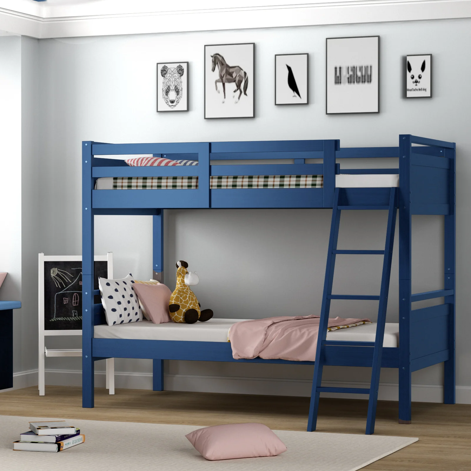 Twin Over Twin Bunk Bed, Convertible To 2 Beds, Wooden, Navy - Image 3