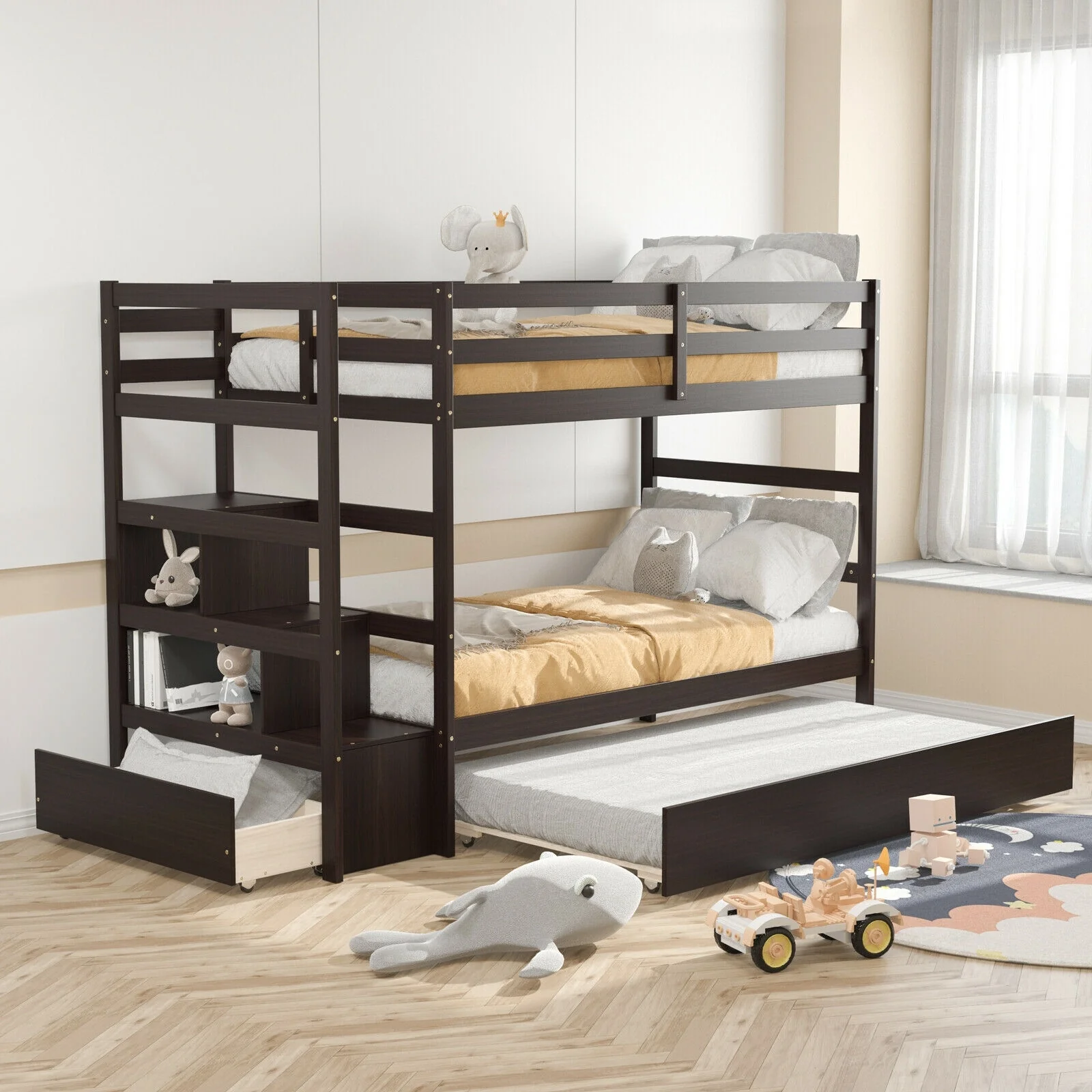 Twin Over Twin Bunk Bed, Storage Shelf, Drawer, Dark Brown - Image 2
