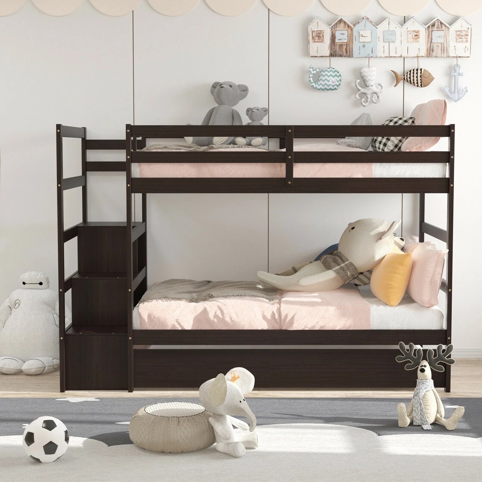 Twin Over Twin Bunk Bed, Storage Shelf, Drawer, Dark Brown - Image 3
