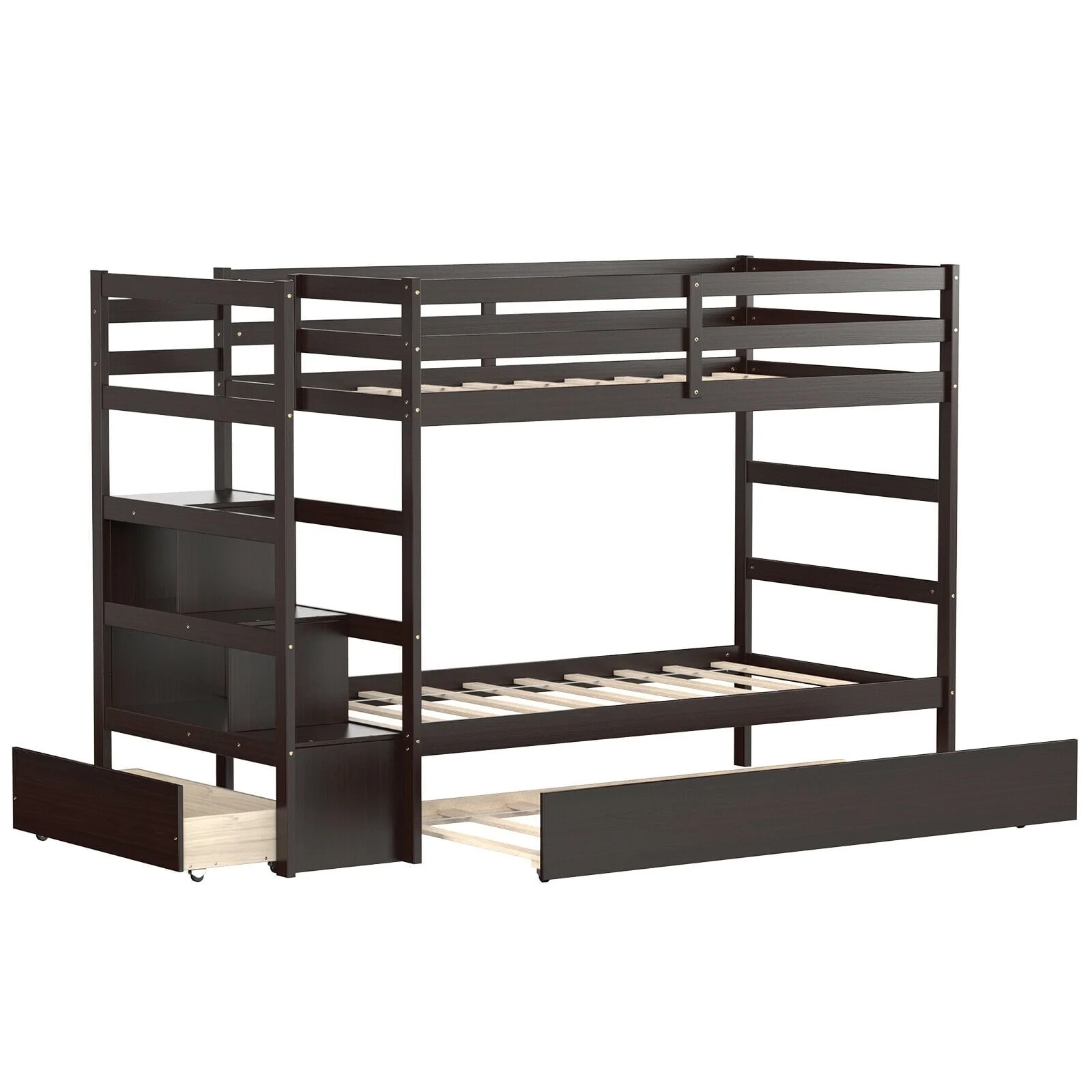 Twin Over Twin Bunk Bed, Storage Shelf, Drawer, Dark Brown - Image 4