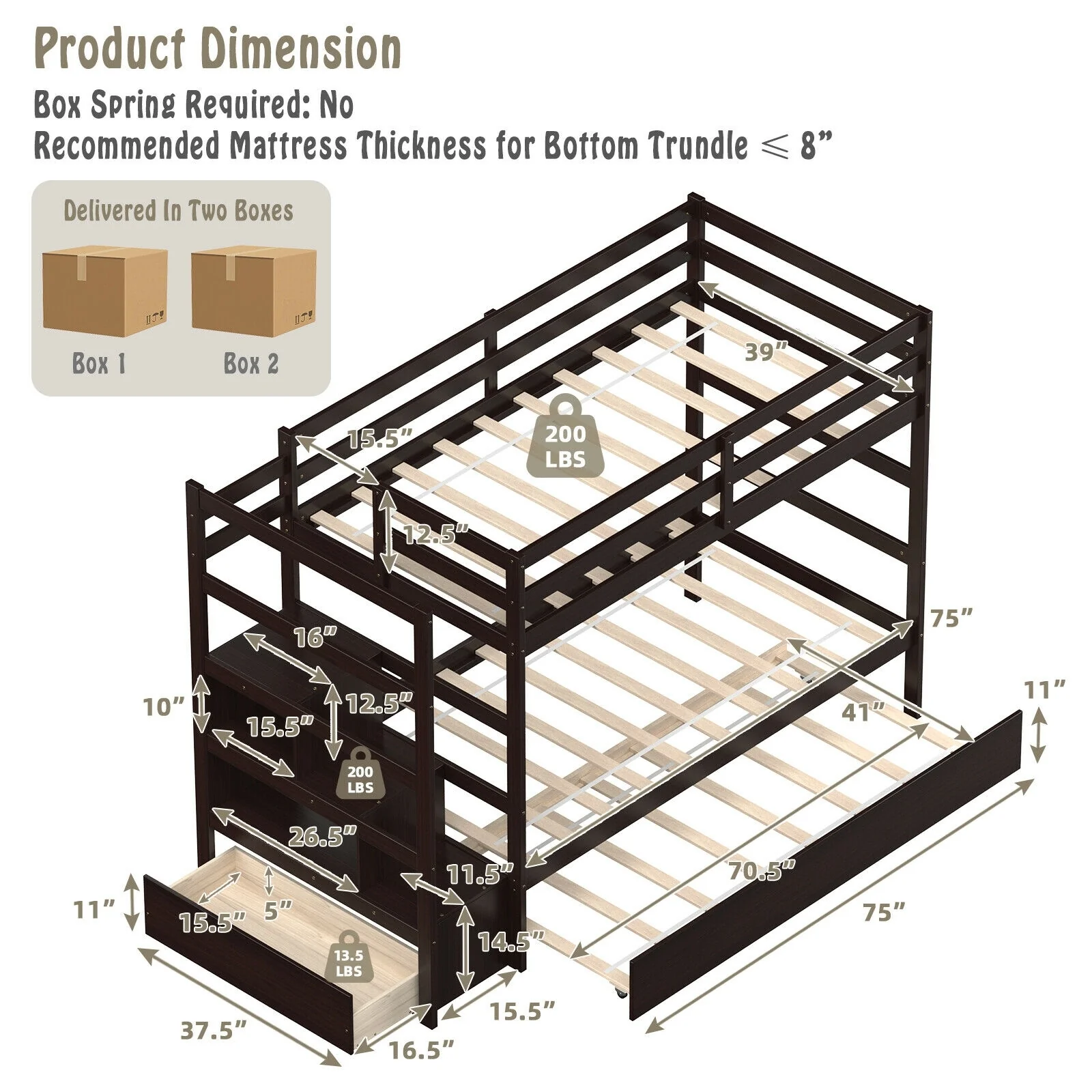 Twin Over Twin Bunk Bed, Storage Shelf, Drawer, Dark Brown - Image 5