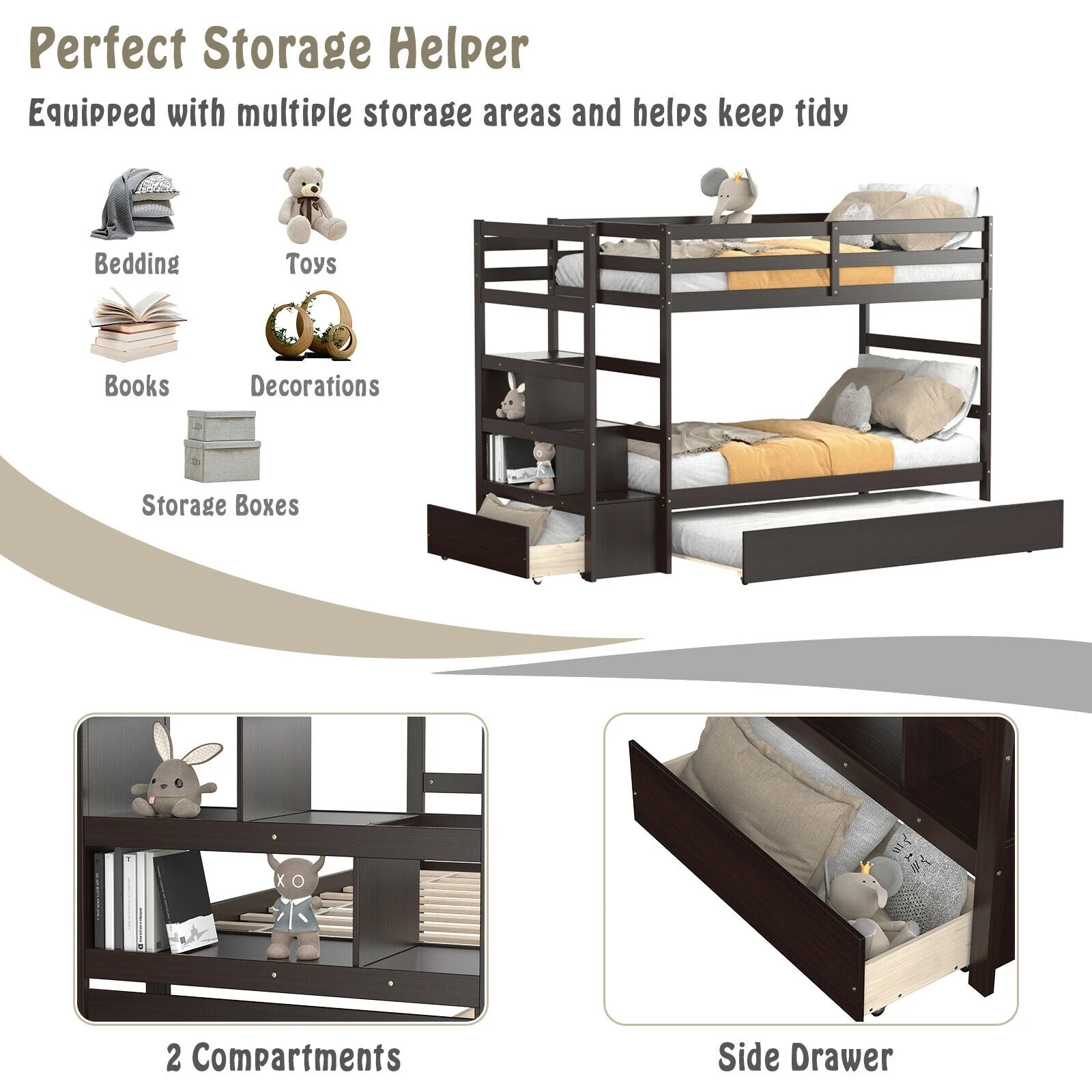 Twin Over Twin Bunk Bed, Storage Shelf, Drawer, Dark Brown - Image 6