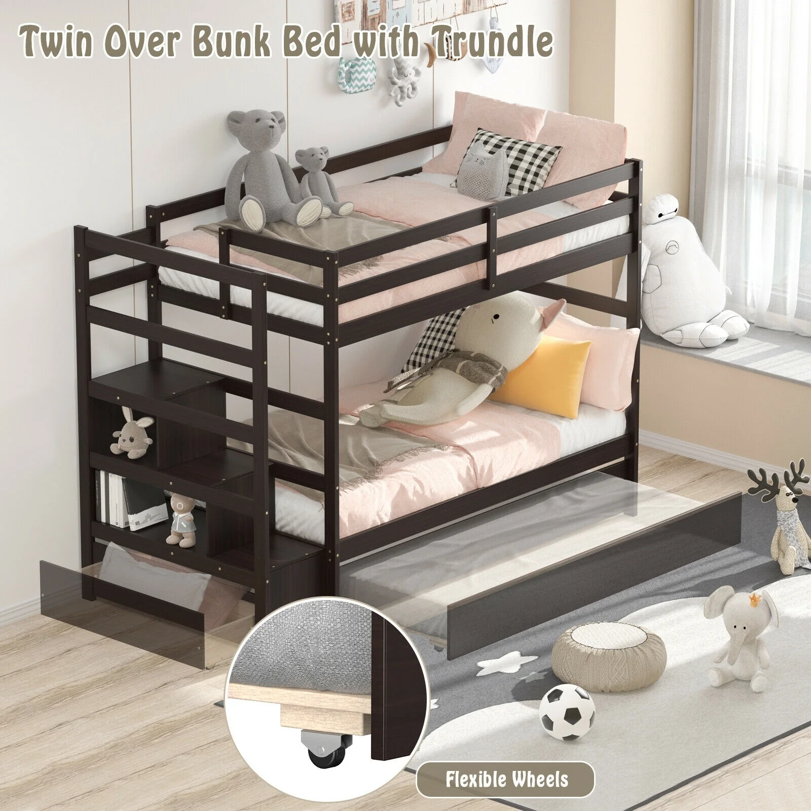 Twin Over Twin Bunk Bed, Storage Shelf, Drawer, Dark Brown - Image 7