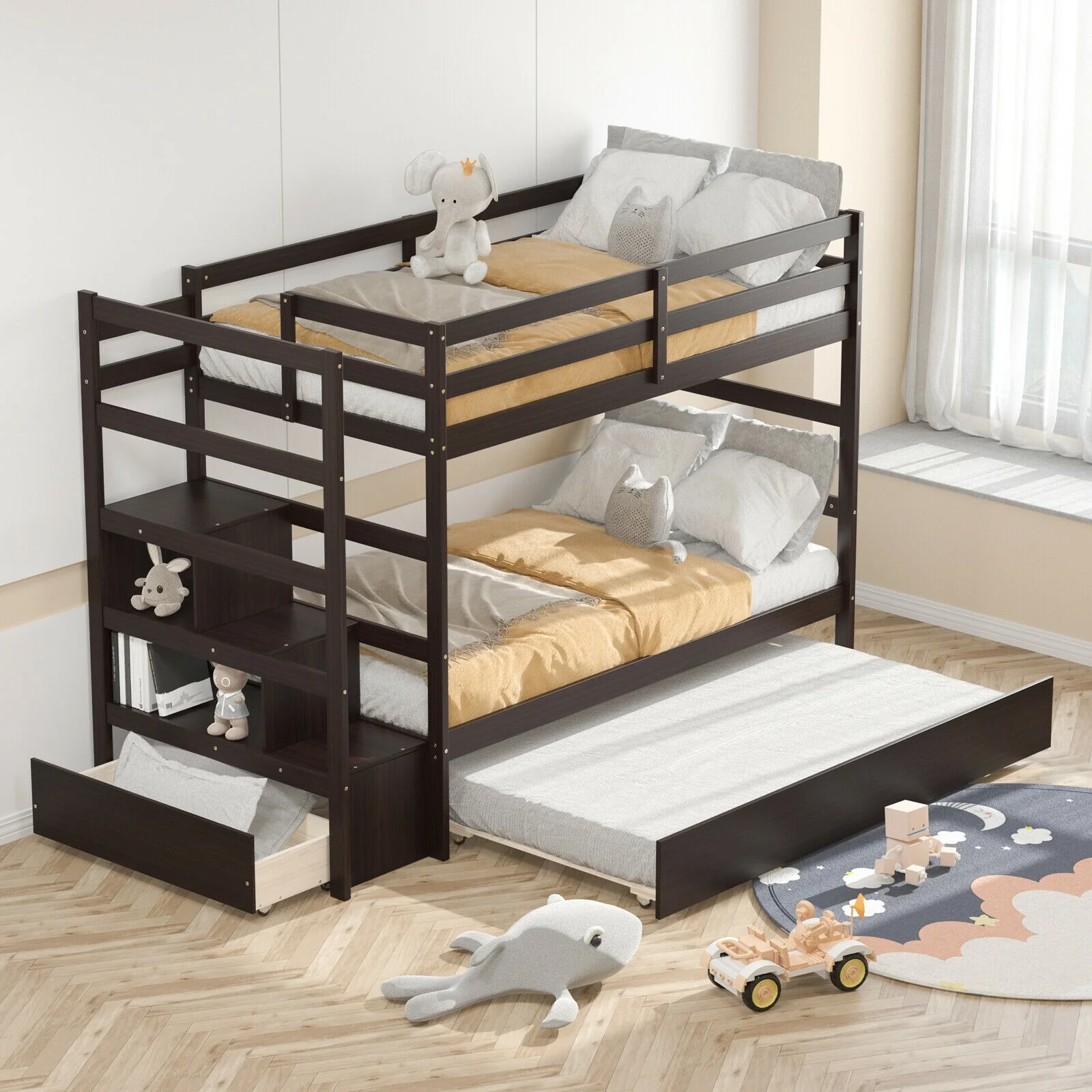 Twin Over Twin Bunk Bed, Storage Shelf, Drawer, Dark Brown - Image 8