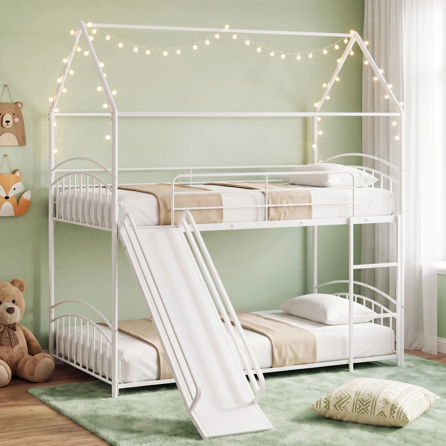 Twin Over Twin Bunk Bed with Metal Slats, White - Image 3