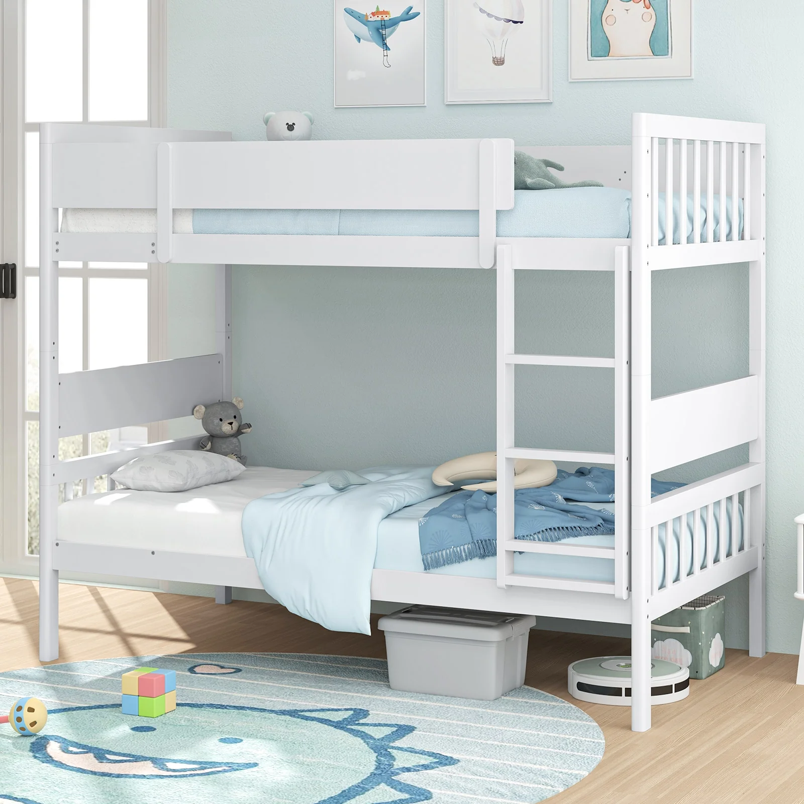 Twin Over Twin Bunk Bed, With Ladder And Guardrails, White - Image 2