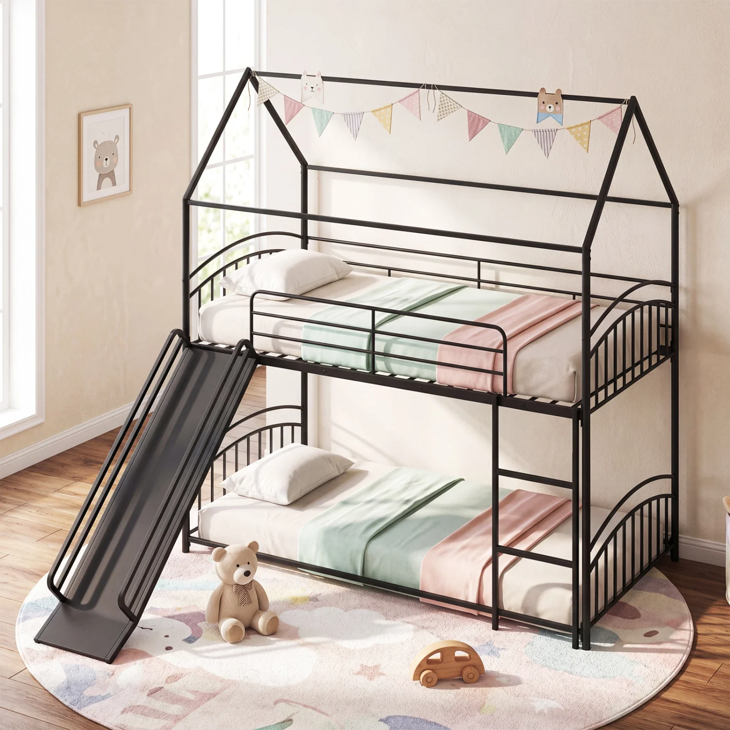 Twin Over Twin Bunk Bed With Metal Slats, Black - Image 2