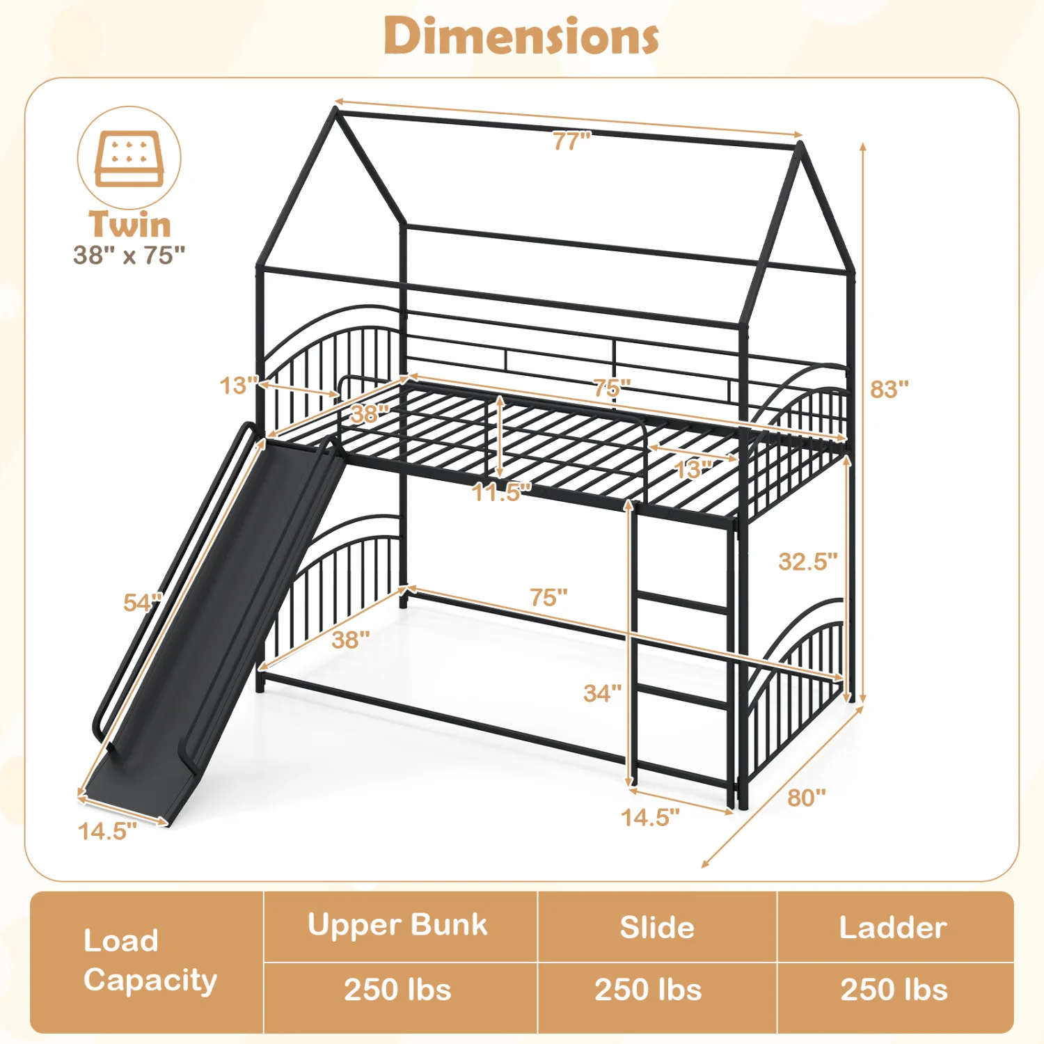 Twin Over Twin Bunk Bed With Metal Slats, Black - Image 4