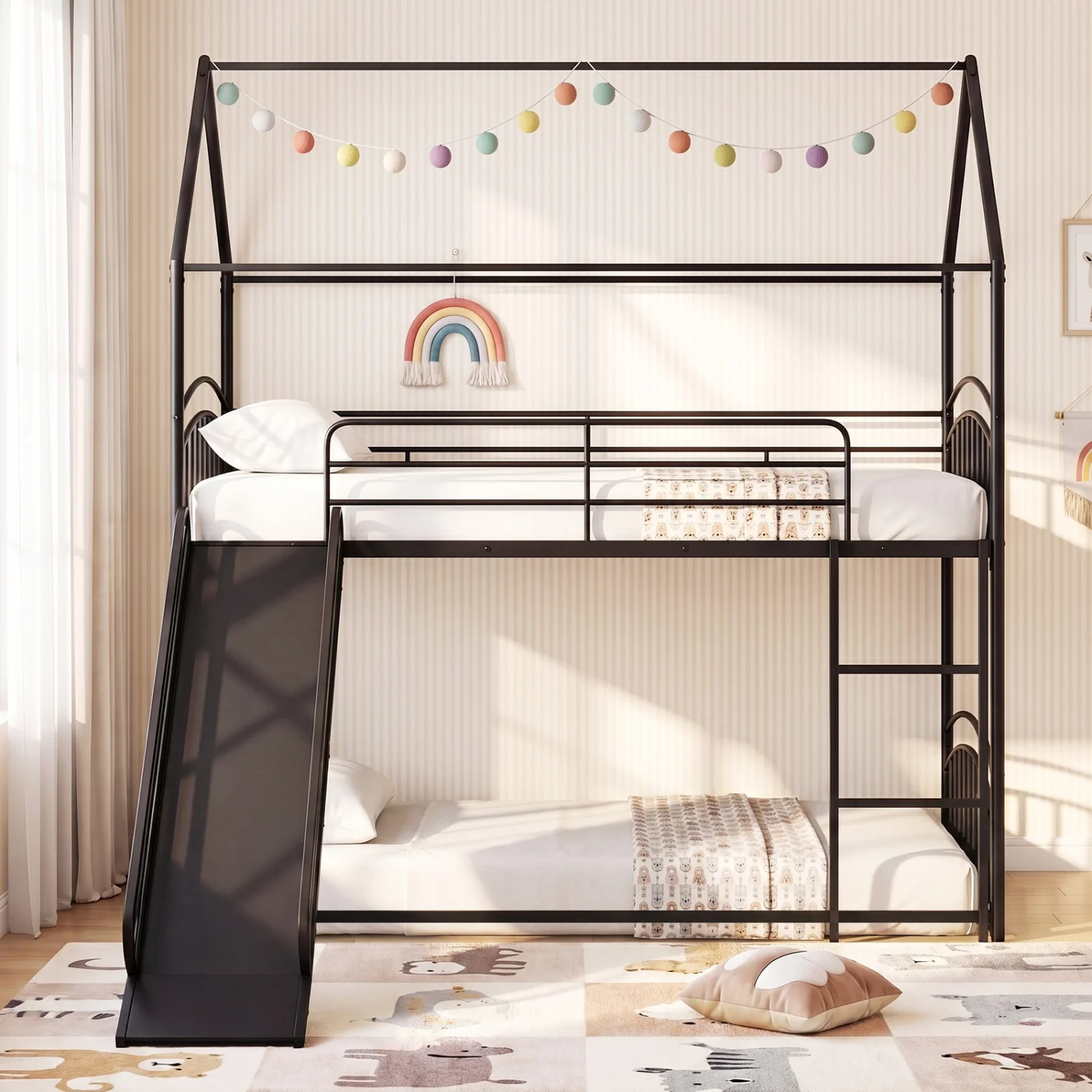 Twin Over Twin Bunk Bed With Metal Slats, Black - Image 5