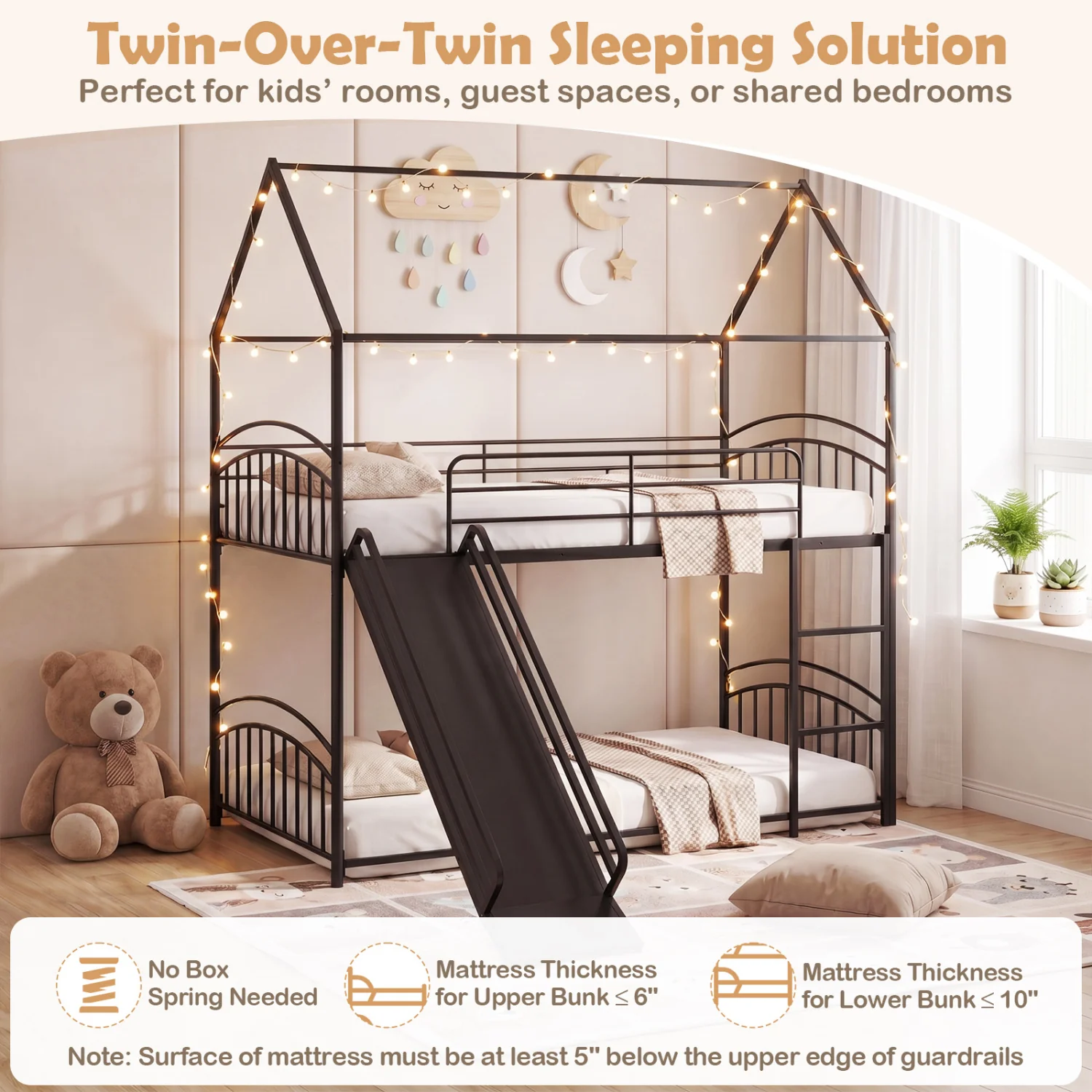Twin Over Twin Bunk Bed With Metal Slats, Black - Image 6