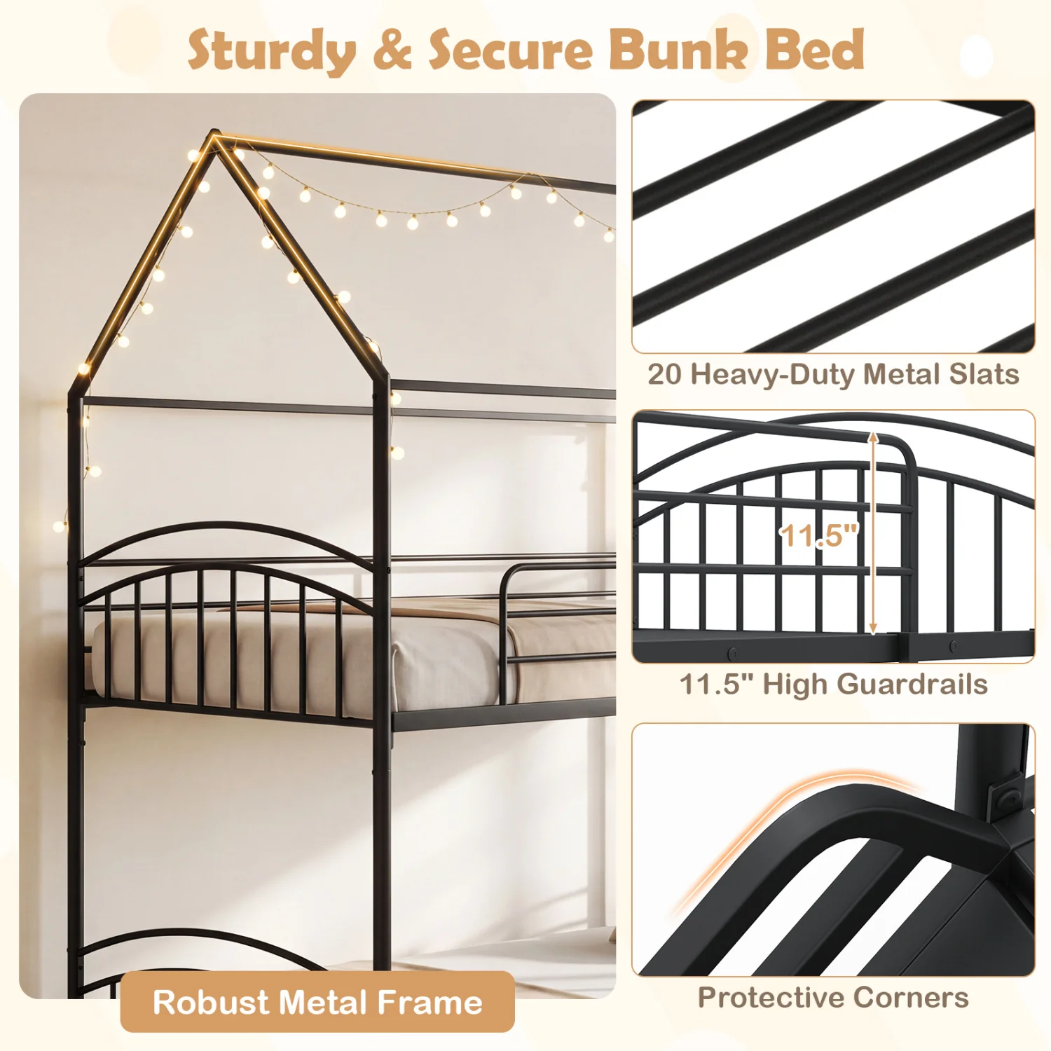 Twin Over Twin Bunk Bed With Metal Slats, Black - Image 8