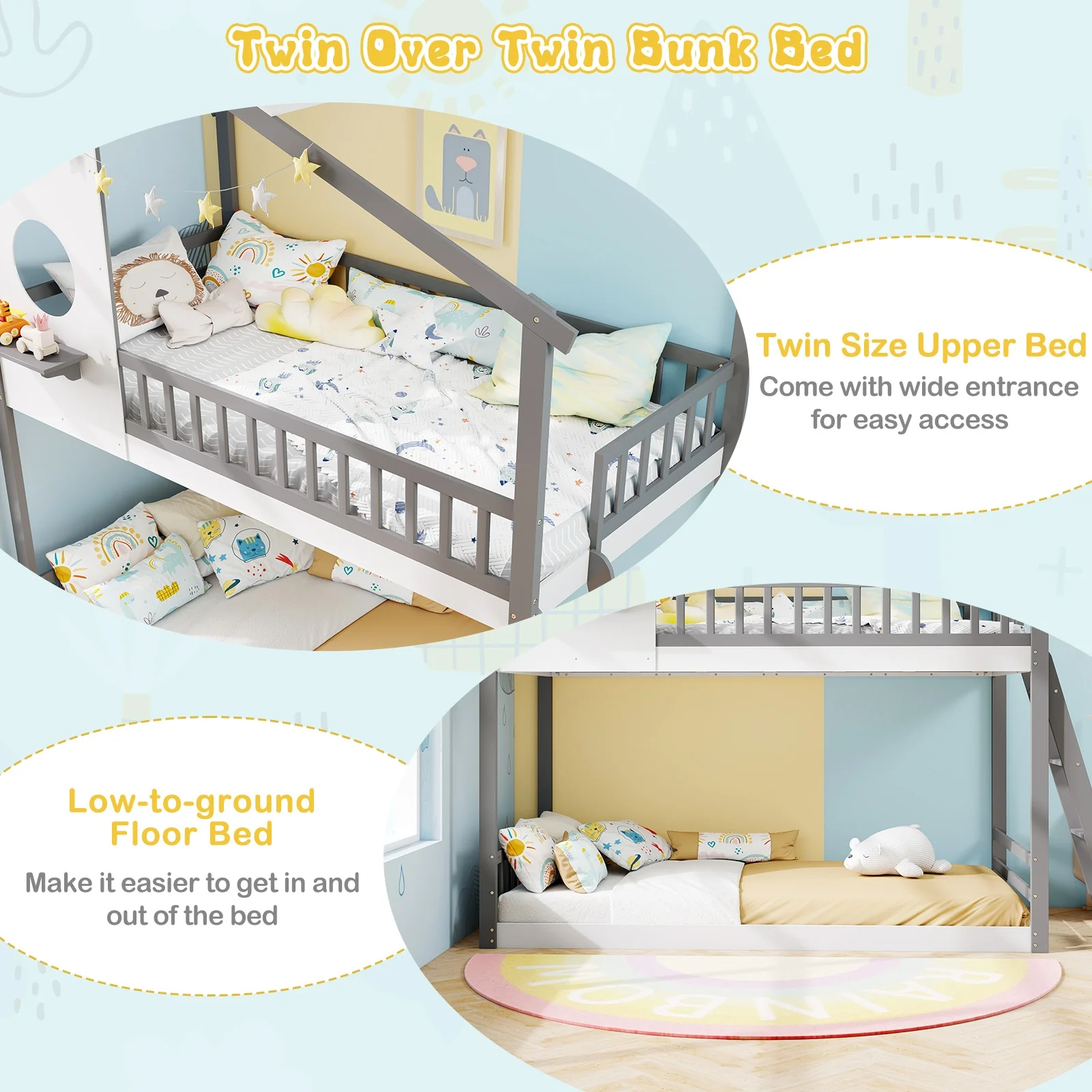 Twin Over Twin House Bunk Bed With Roof, Guardrails, White Gray - Image 10