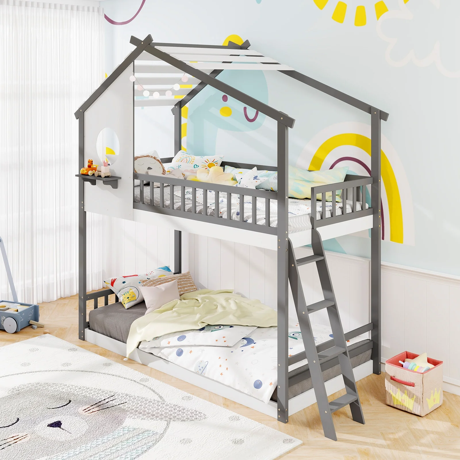 Twin Over Twin House Bunk Bed With Roof, Guardrails, White Gray - Image 2