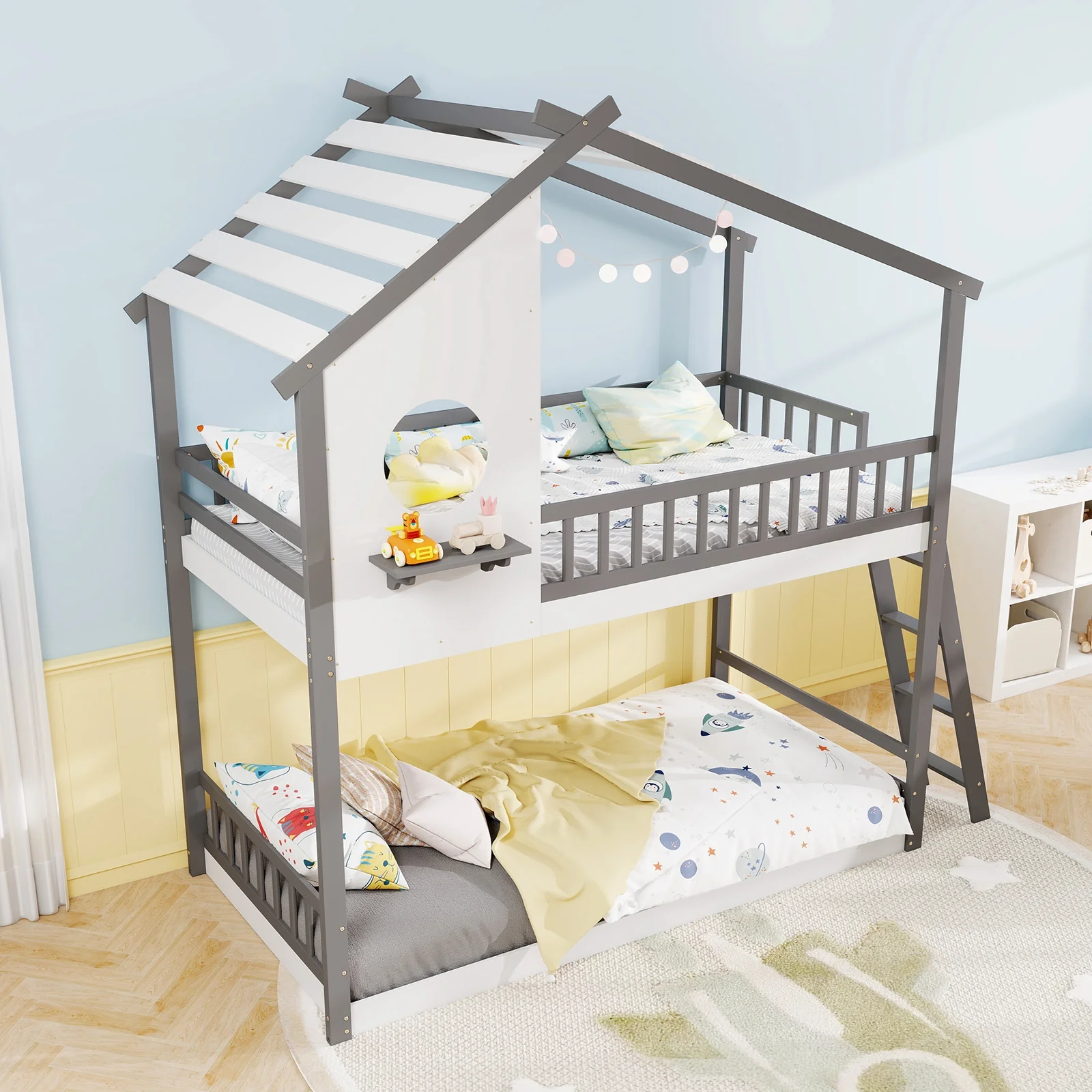 Twin Over Twin House Bunk Bed With Roof, Guardrails, White Gray - Image 3